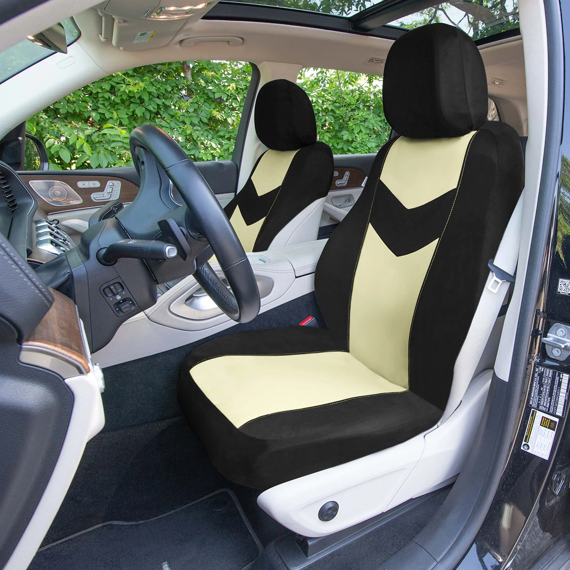 Chevron Flat Cloth Car Seat Covers Full Set - Beige