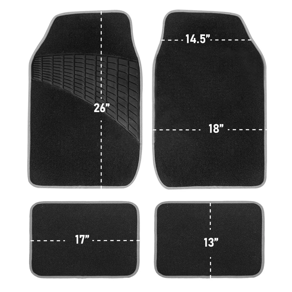 Color-Trimmed Non-Slip Carpet Floor Mats with Rubber Heel Pad - Full Set Gray