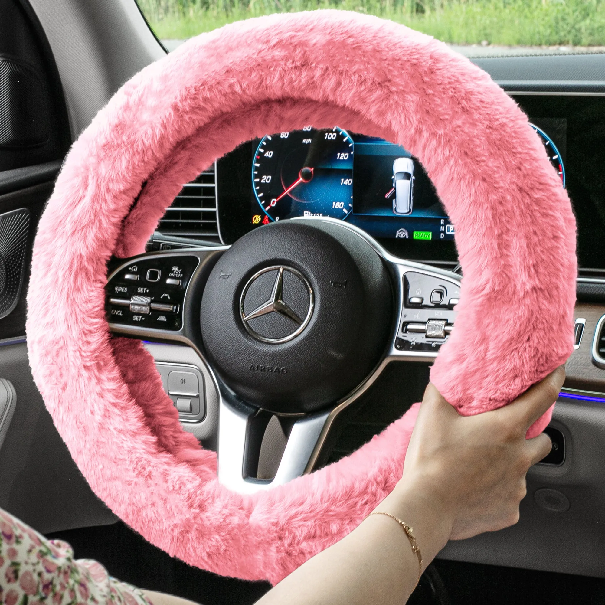 Doe16 Faux Rabbit Fur Steering Wheel Cover Pink
