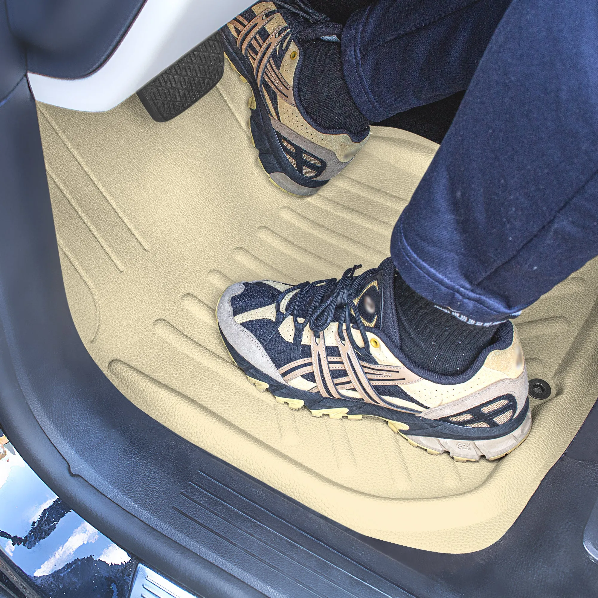 Faux Leather Deep Tray Floor Mats Full Set - Beige