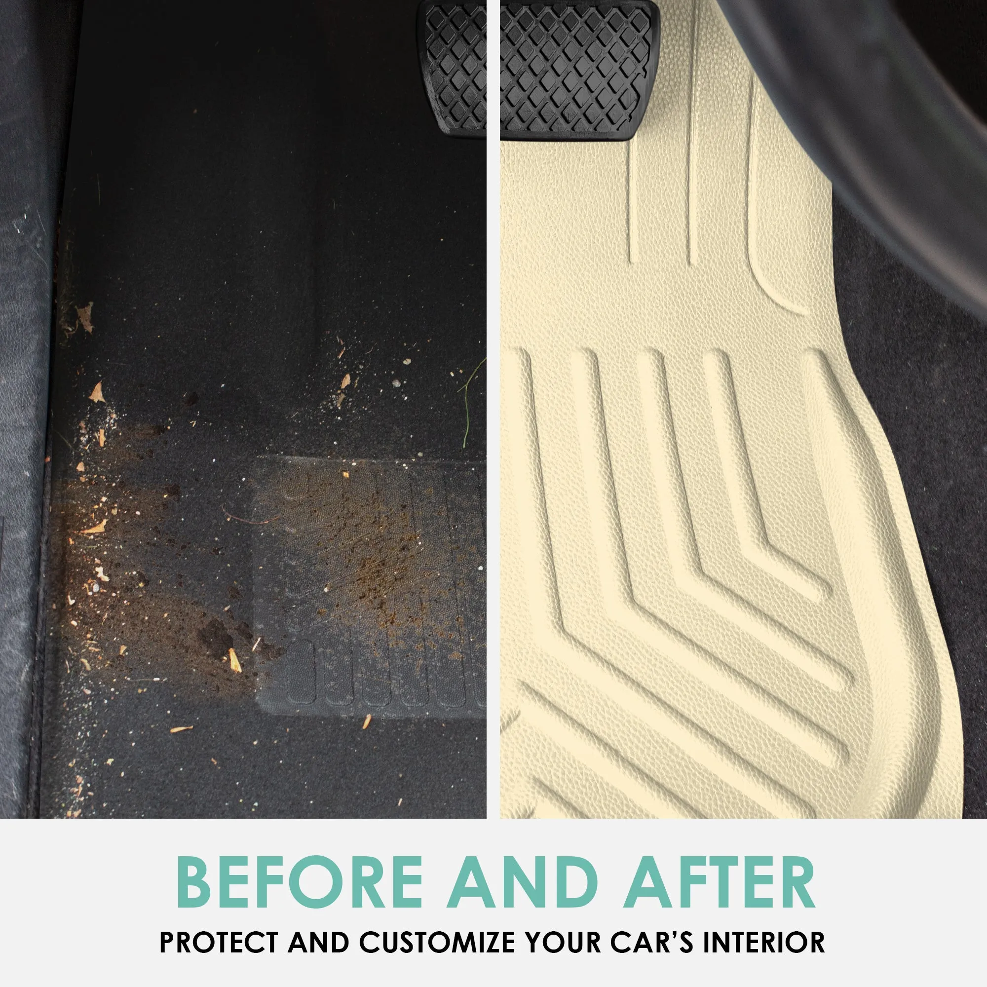 Faux Leather Deep Tray Floor Mats Full Set - Beige
