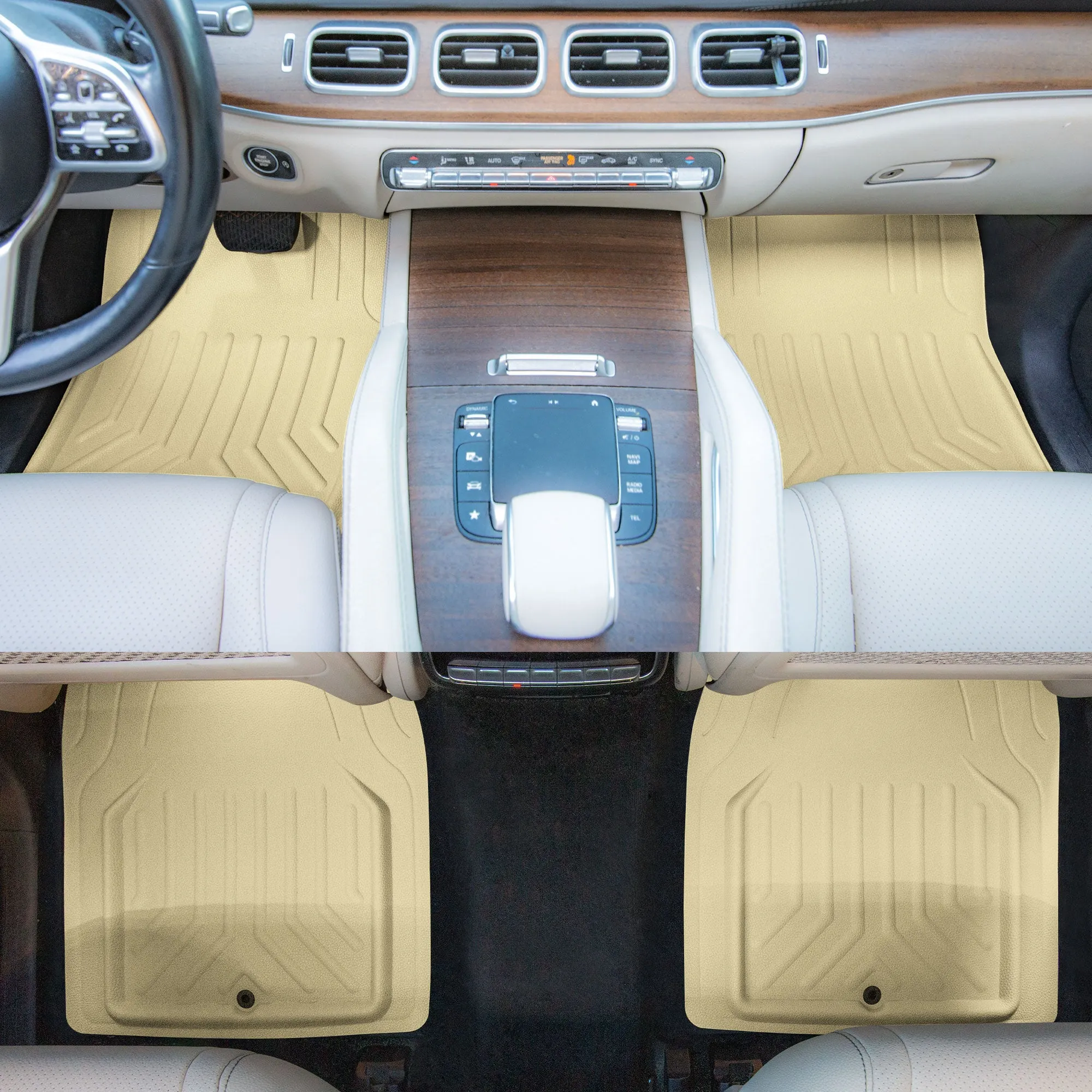 Faux Leather Deep Tray Floor Mats Full Set - Beige