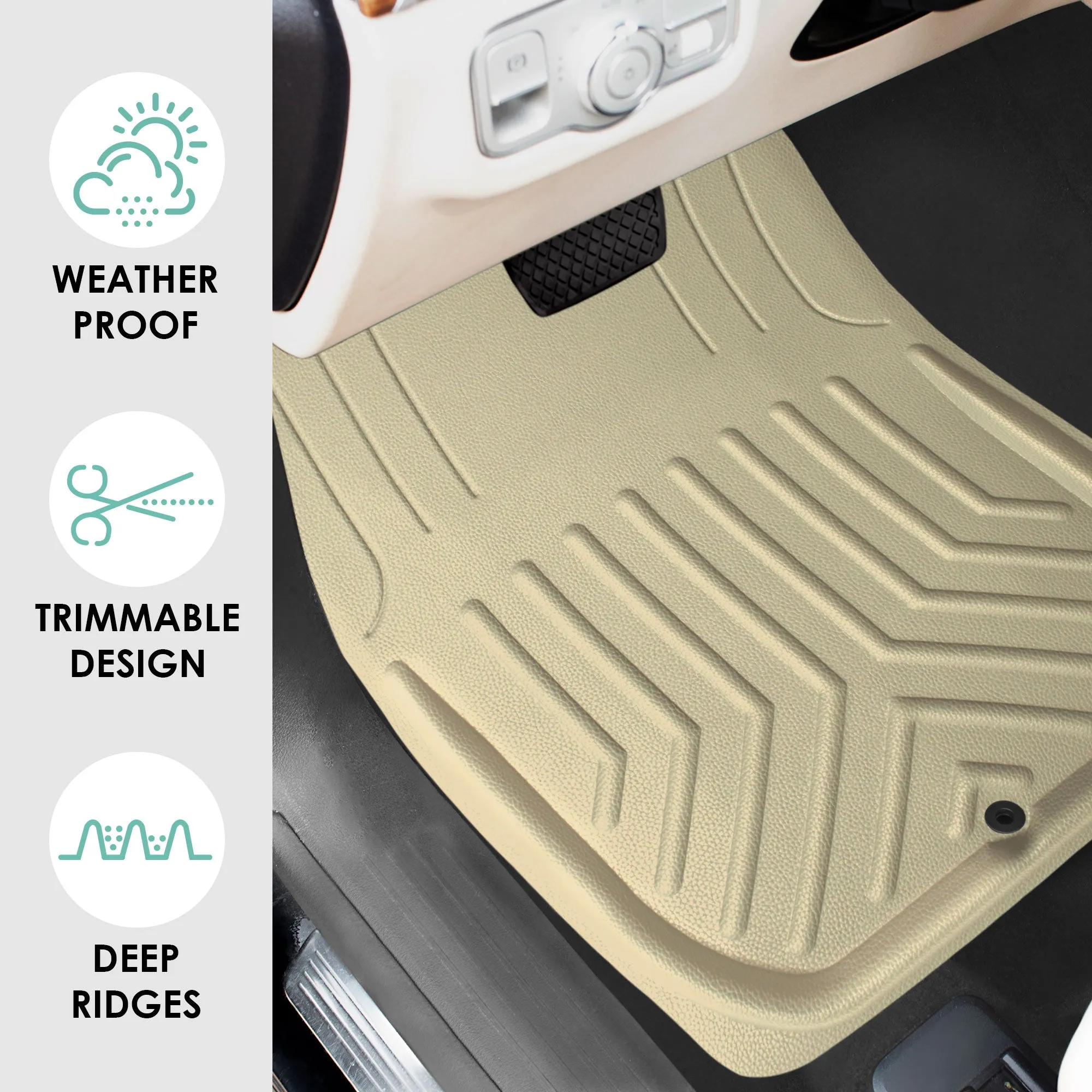 Faux Leather Deep Tray Floor Mats Full Set - Beige