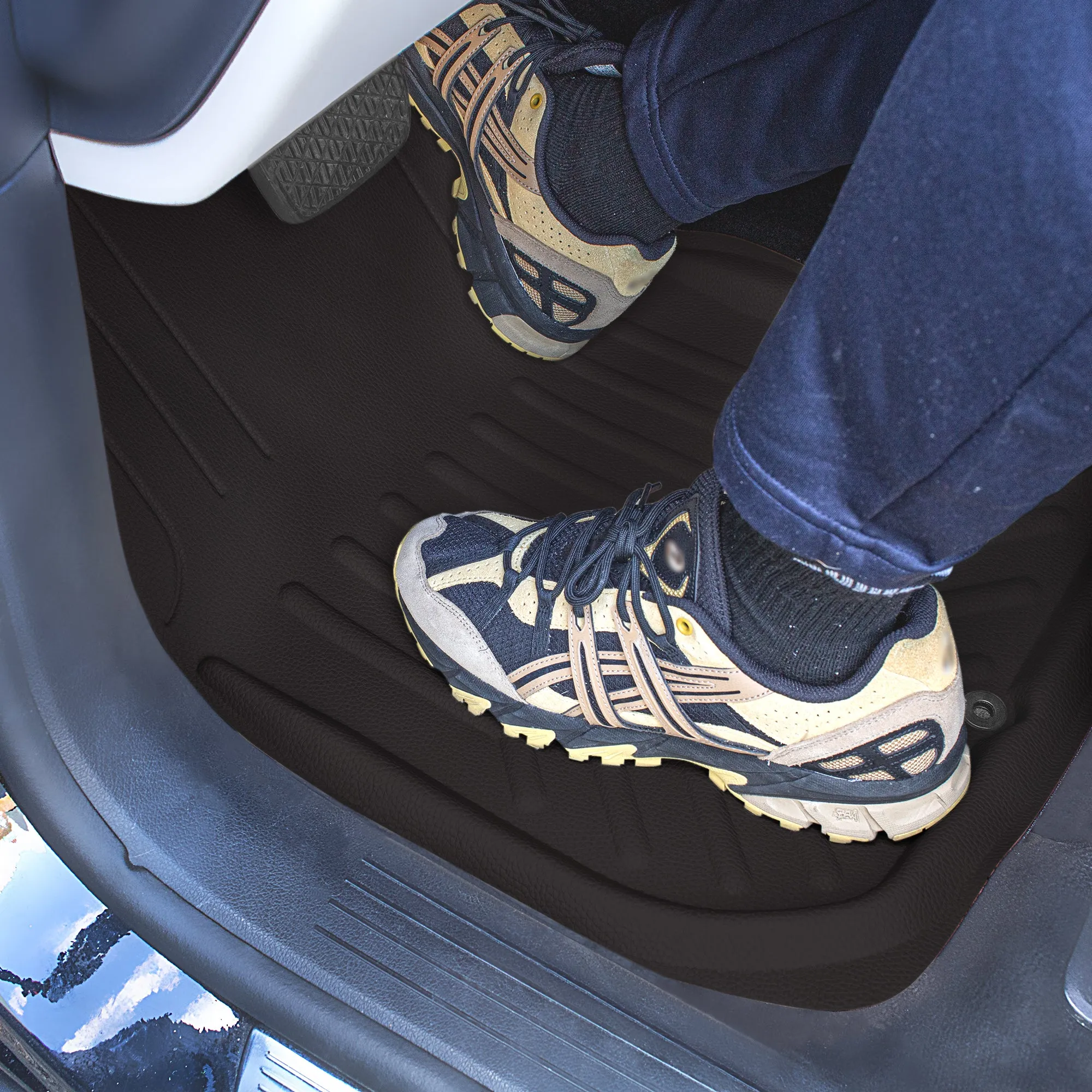 Faux Leather Deep Tray Floor Mats Full Set - Black