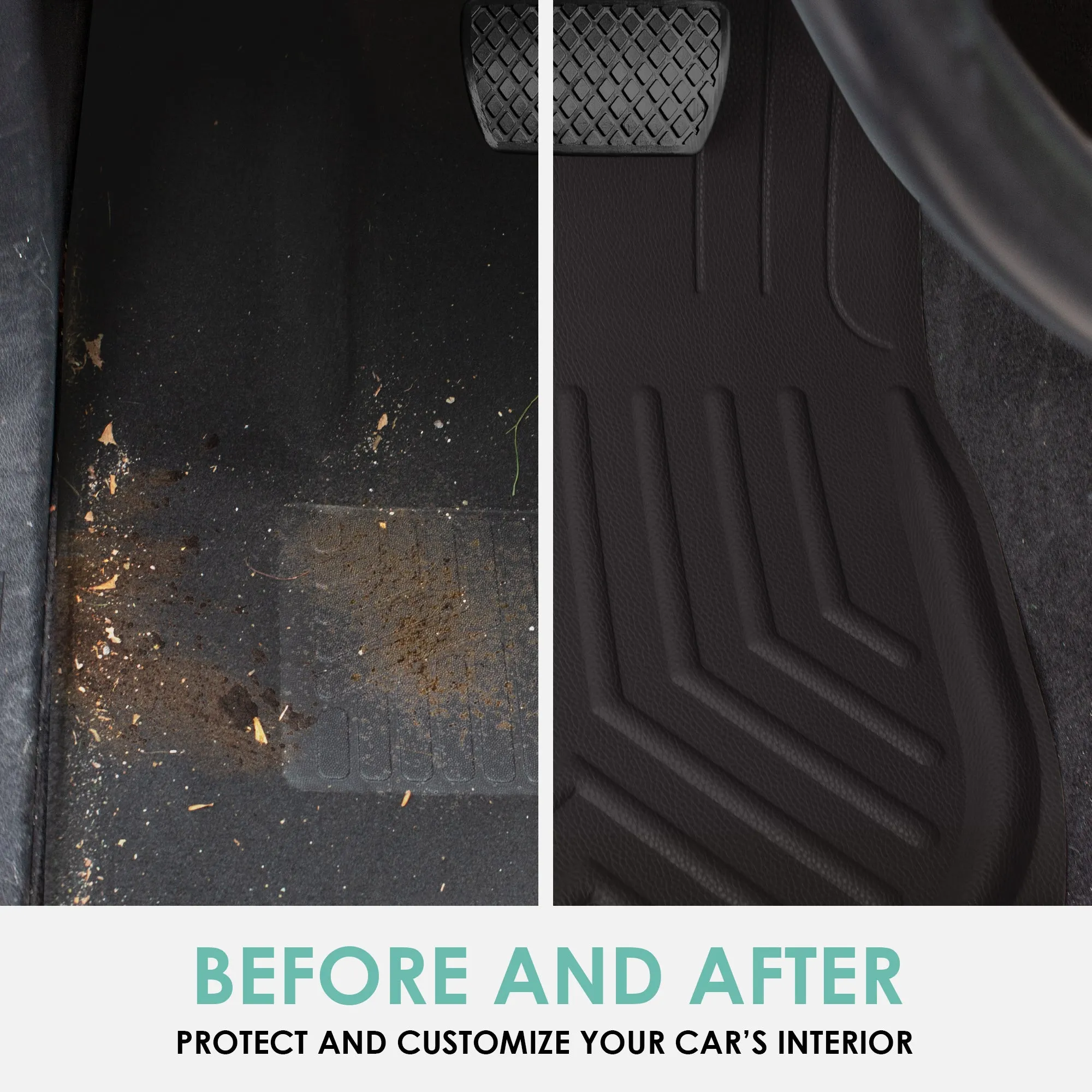 Faux Leather Deep Tray Floor Mats Full Set - Black