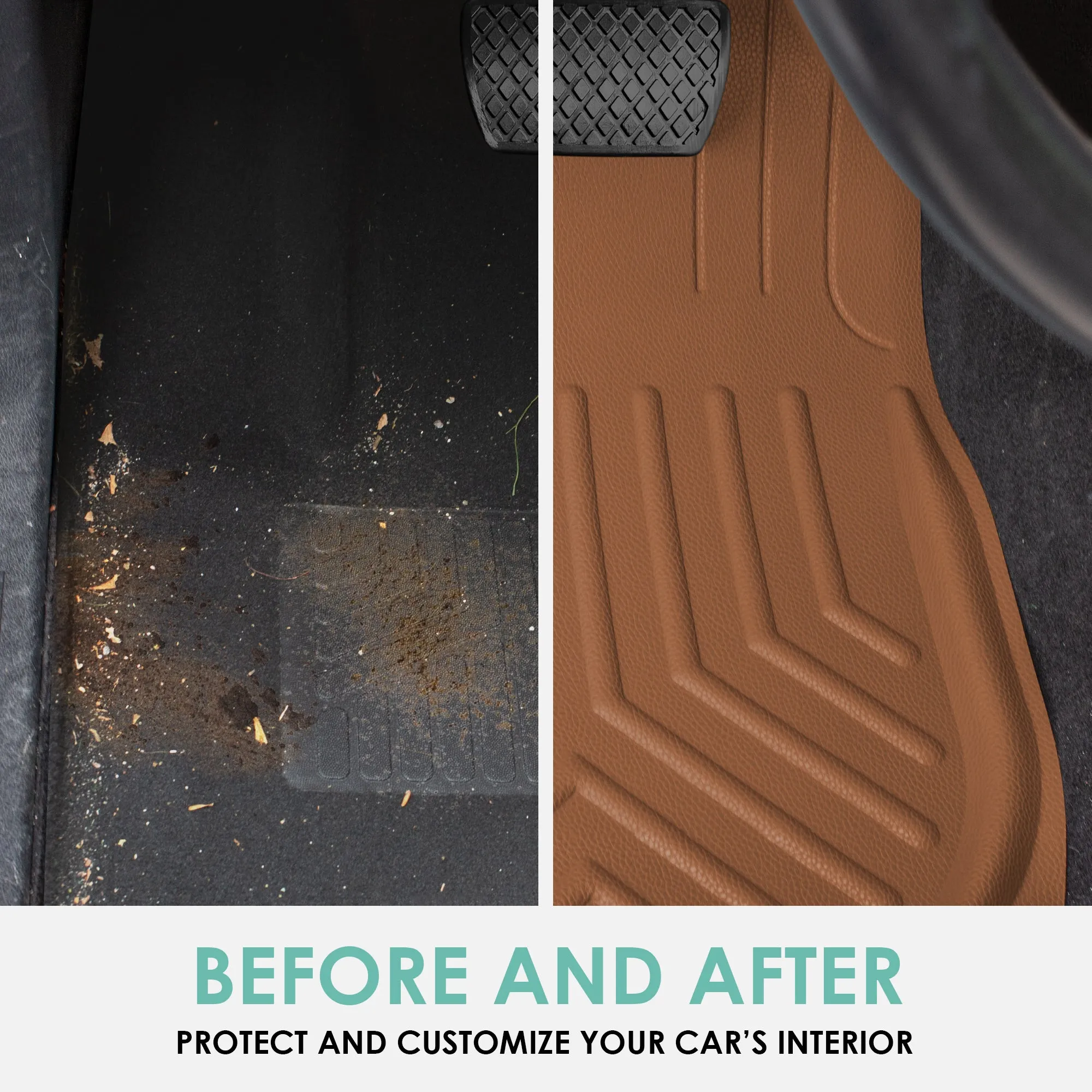 Faux Leather Deep Tray Floor Mats Full Set - Brown