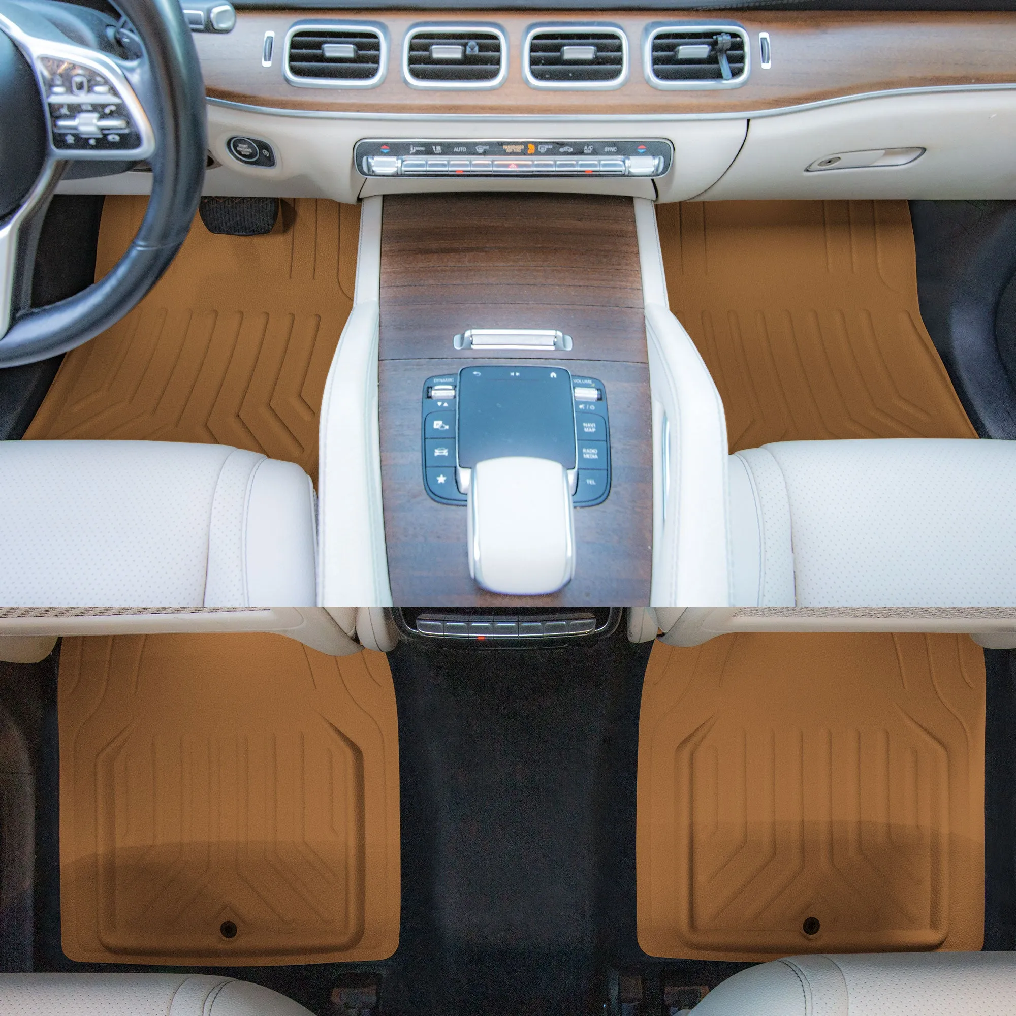 Faux Leather Deep Tray Floor Mats Full Set - Brown