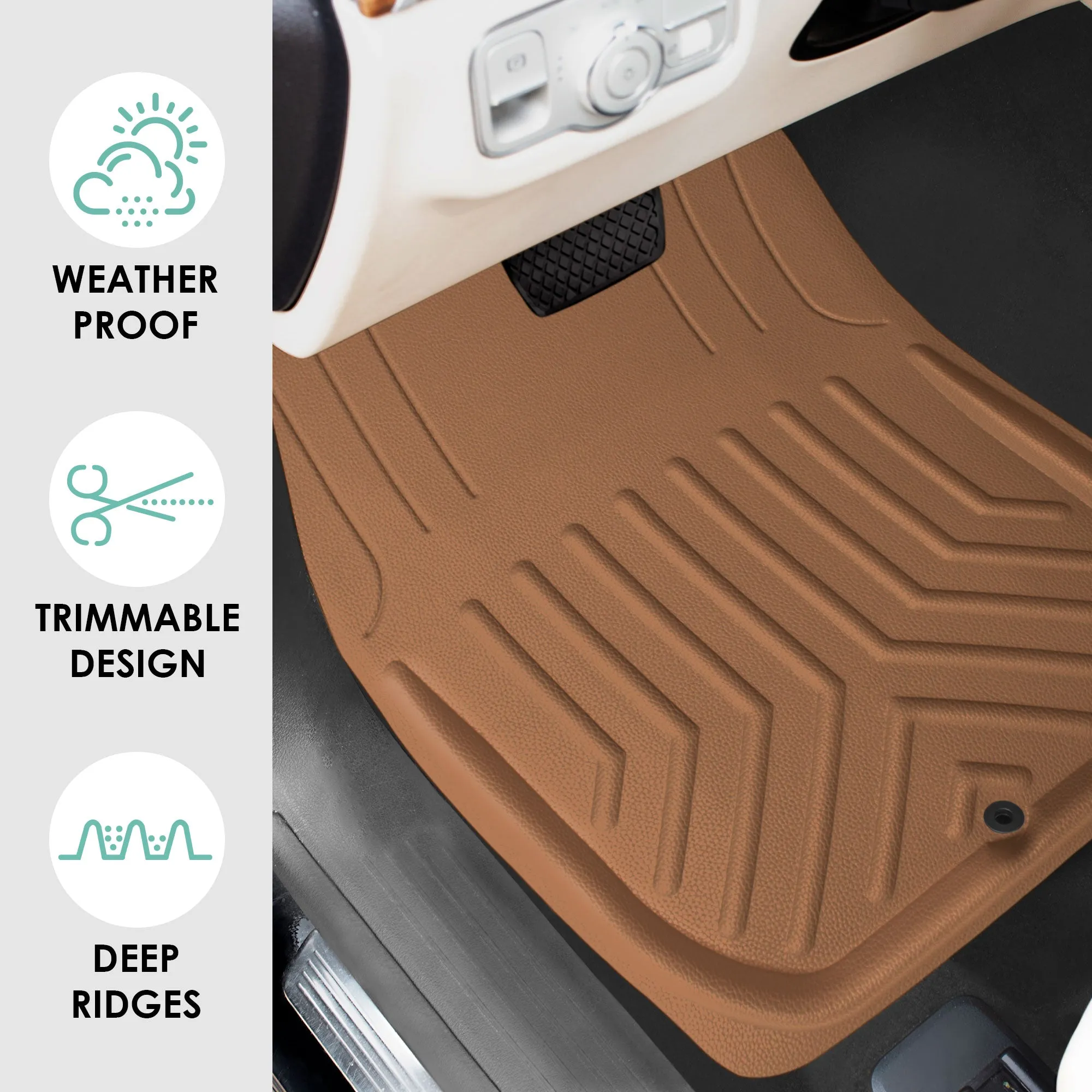 Faux Leather Deep Tray Floor Mats Full Set - Brown