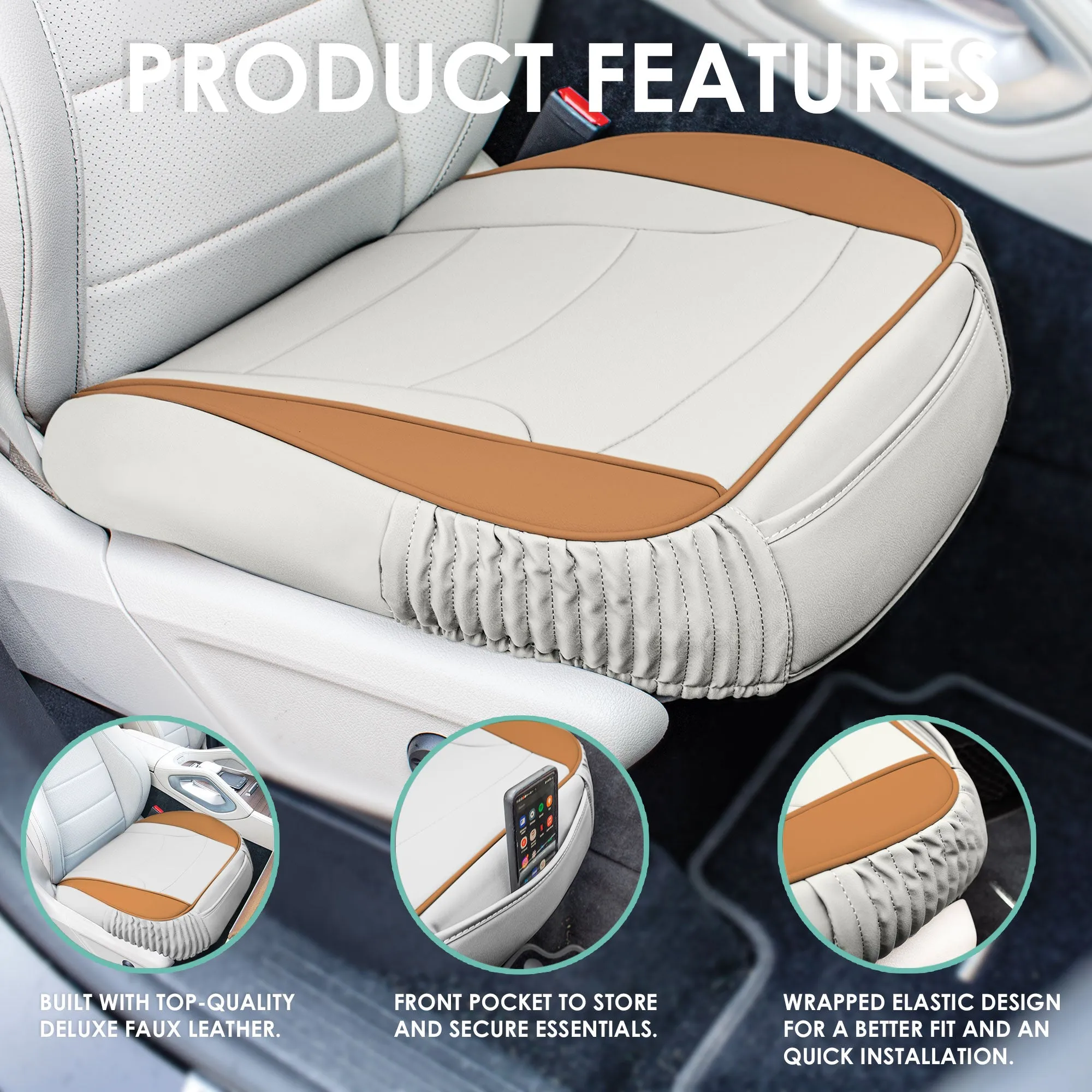 Faux Leather Seat Cushion Pad - 2 Piece Front Set Beige Tan