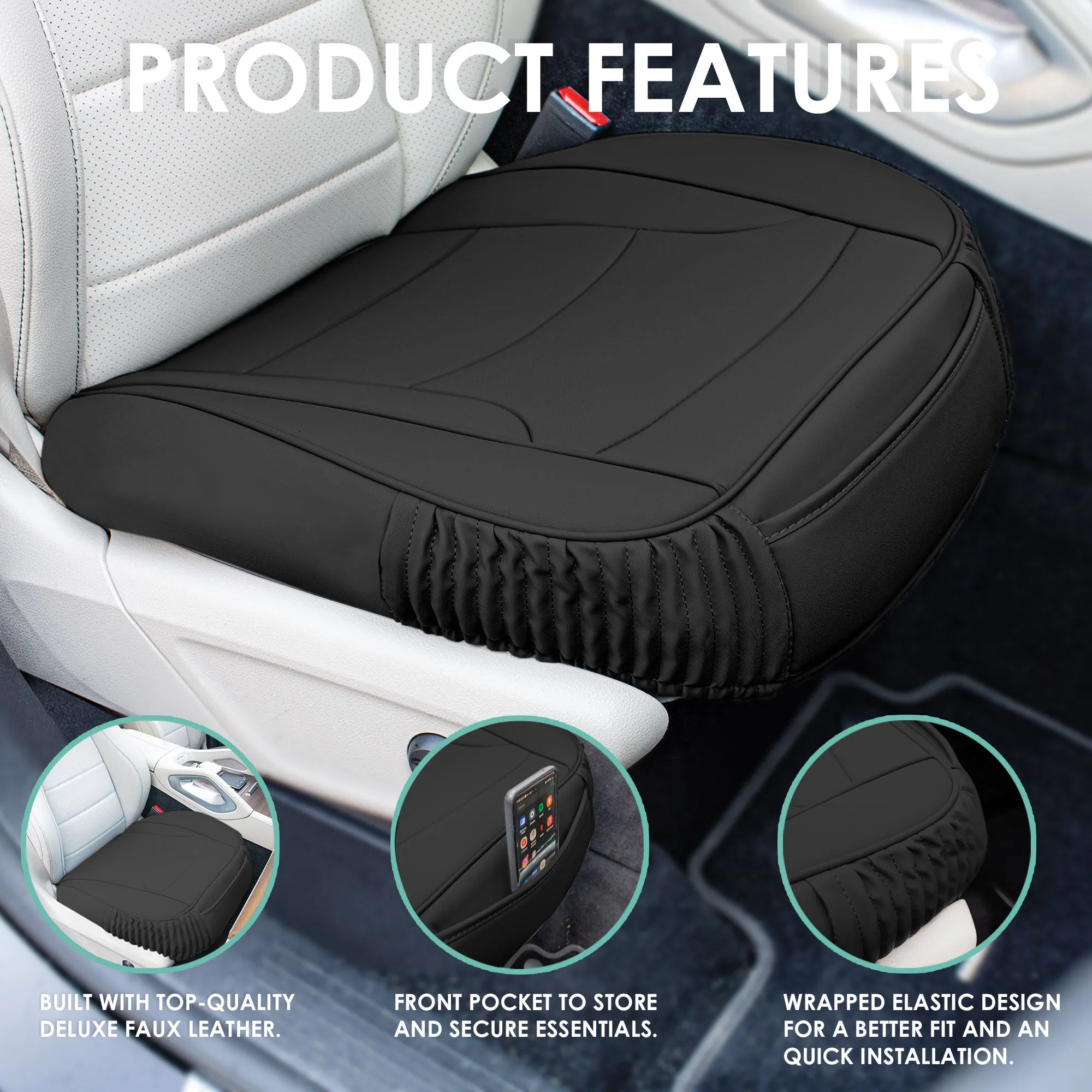 Faux Leather Seat Cushion Pad - 2 Piece Front Set Black