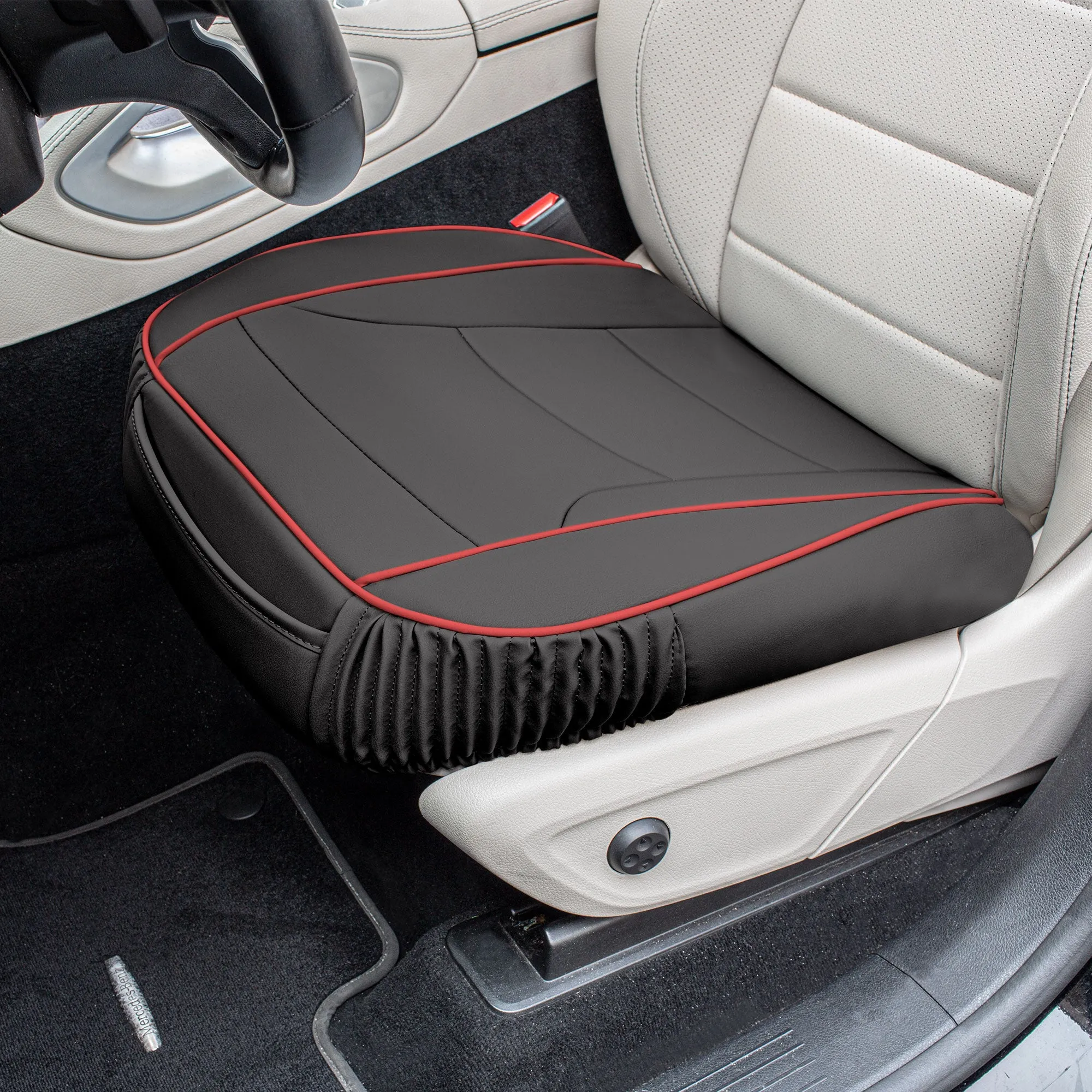 Faux Leather Seat Cushion Pad - 2 Piece Front Set Black/Red Trim