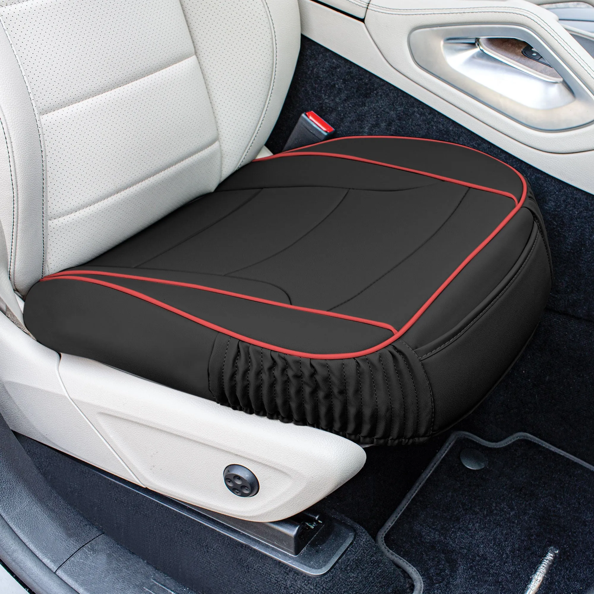 Faux Leather Seat Cushion Pad - 2 Piece Front Set Black/Red Trim