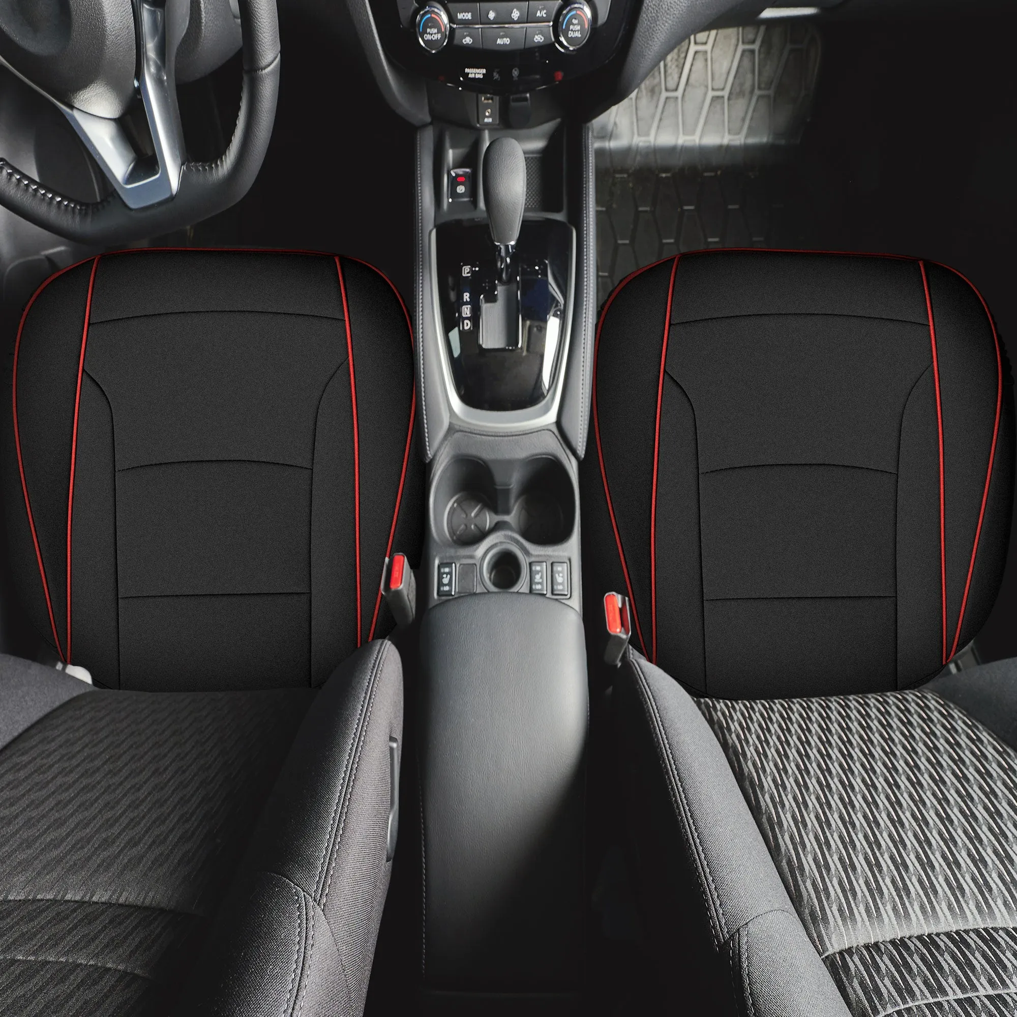 Faux Leather Seat Cushion Pad - 2 Piece Front Set Black/Red Trim