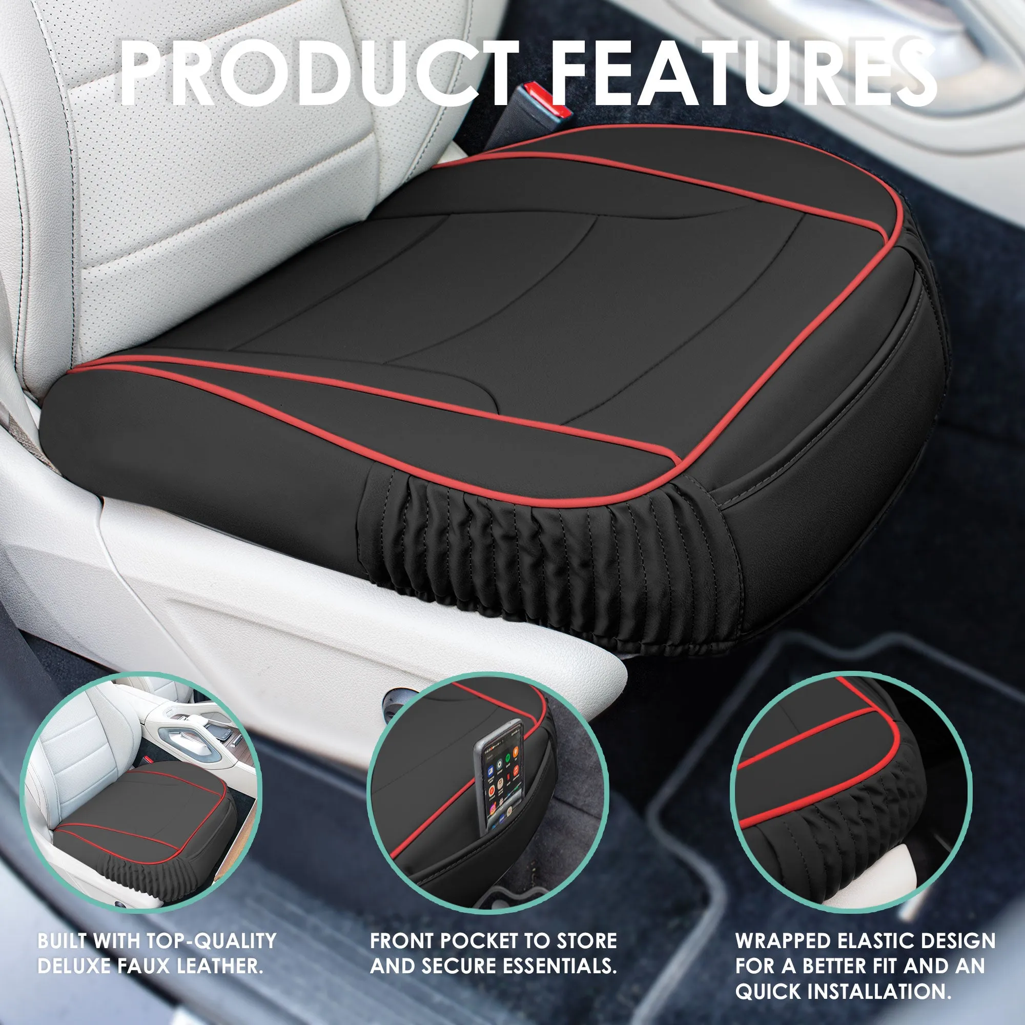 Faux Leather Seat Cushion Pad - 2 Piece Front Set Black/Red Trim