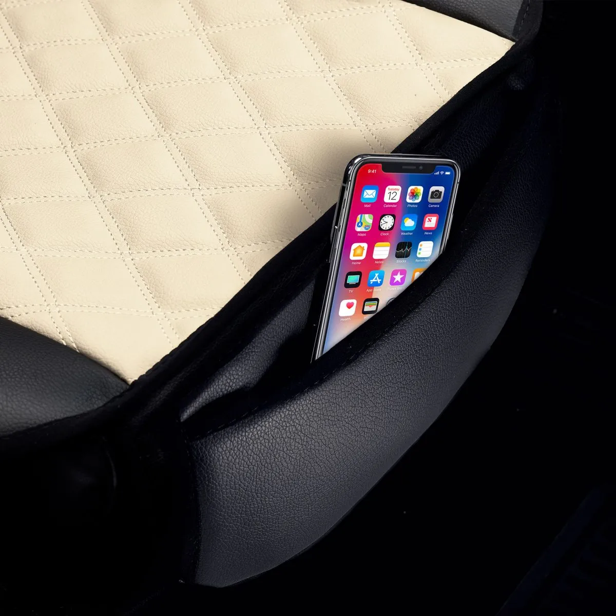 Faux Leather Seat Cushion Pad w/ Front Pocket - Front Set Beige