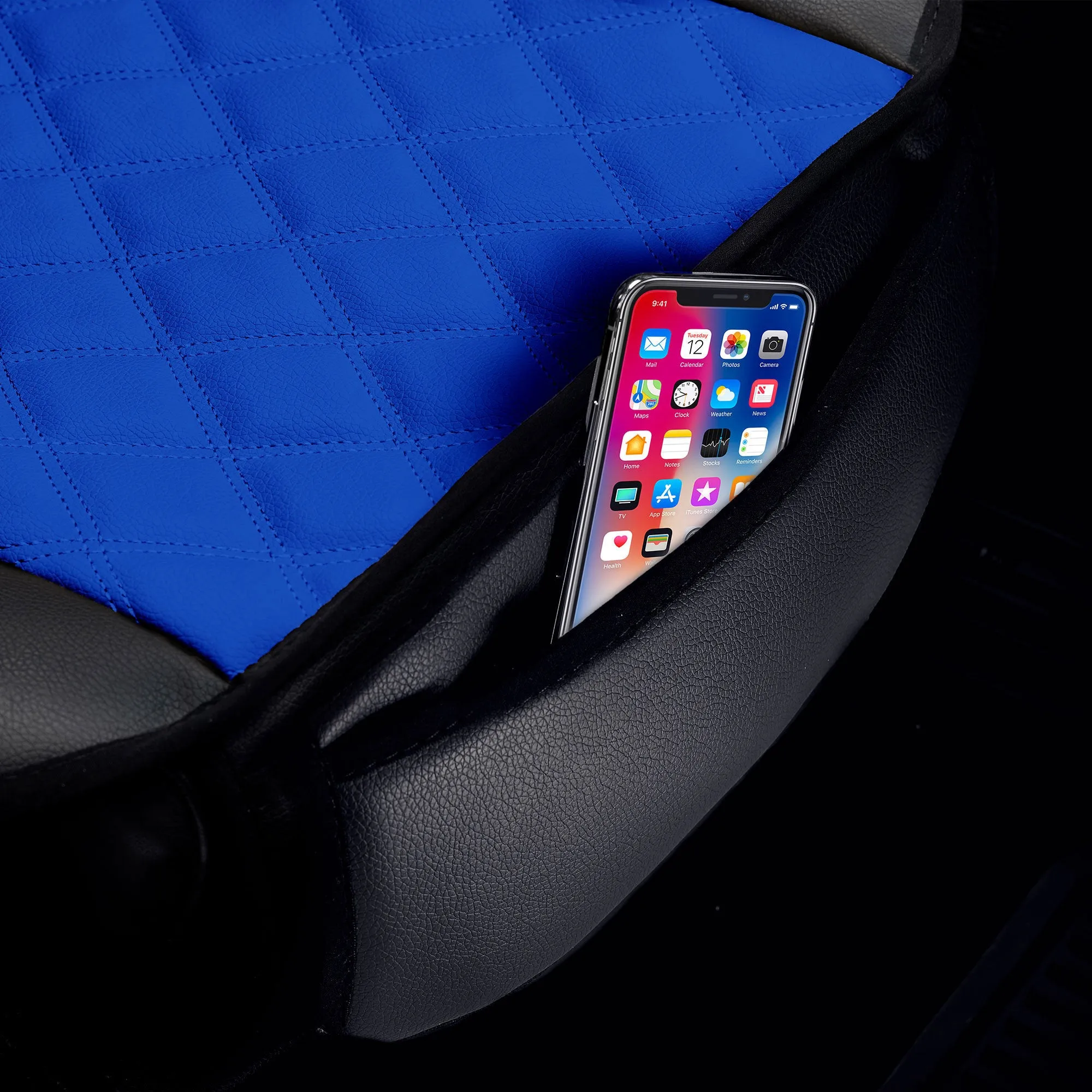 Faux Leather Seat Cushion Pad w/ Front Pocket - Front Set Blue
