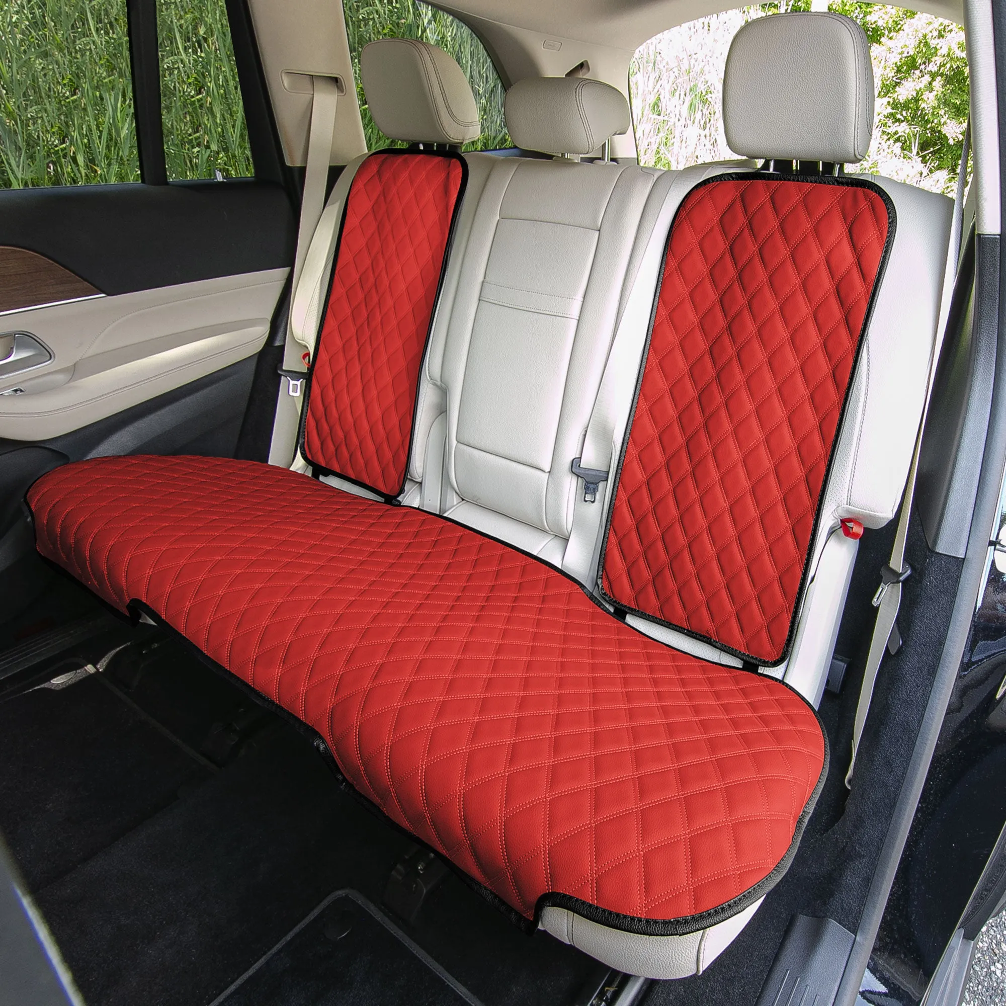 Faux Leather Seat Protectors - Rear Set Red