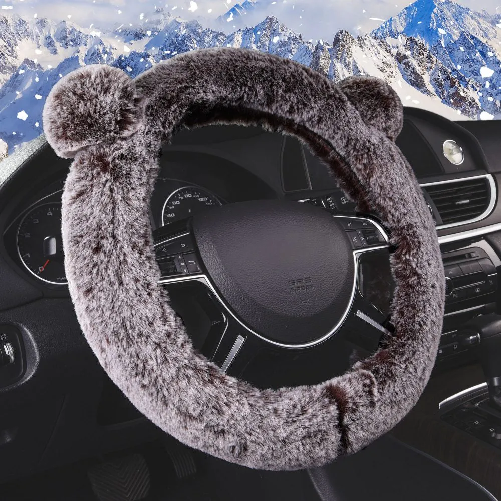 Faux Rabbit Fur Koala Bear Steering Wheel Cover Black