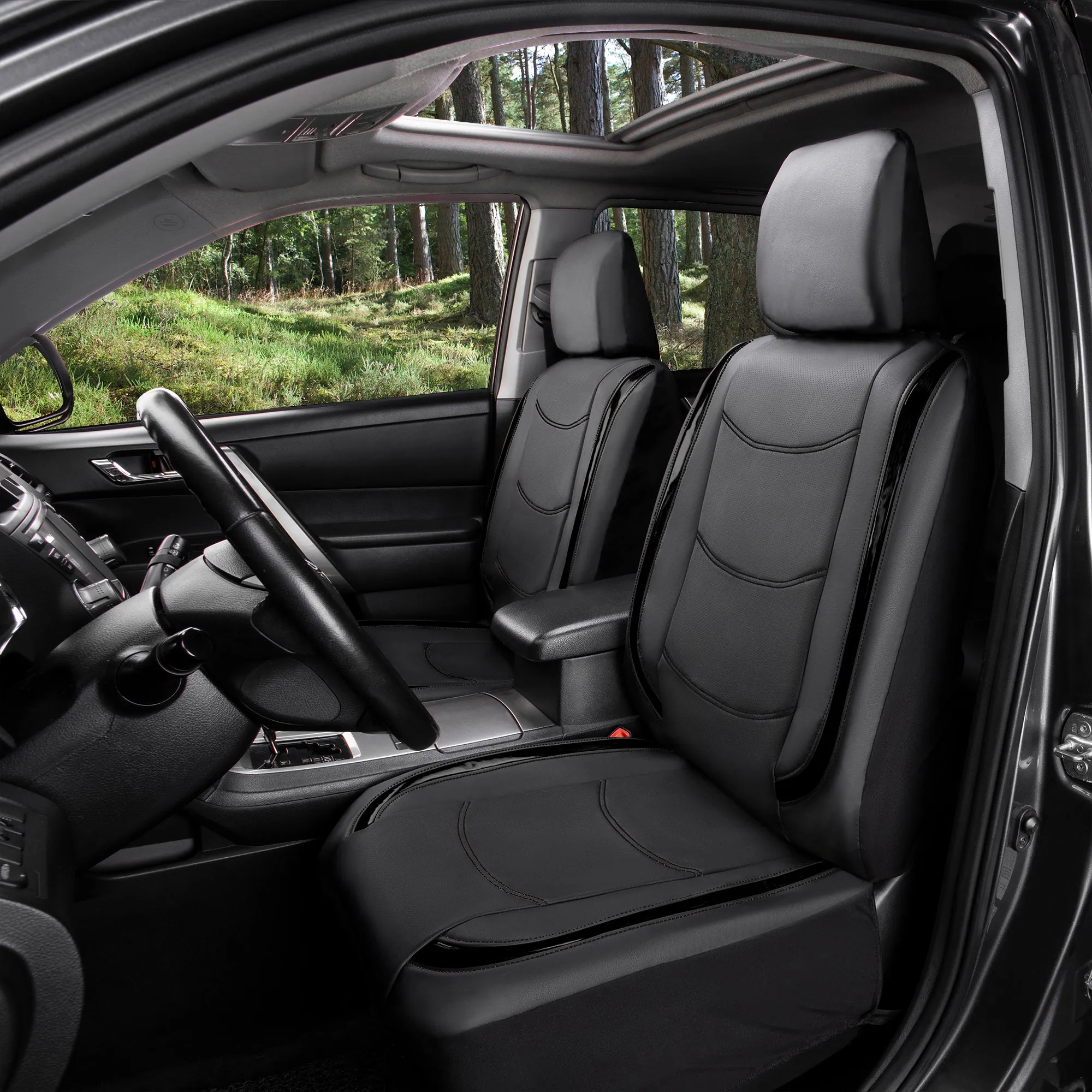 Galaxy13 Metallic Striped Deluxe Leatherette Seat Covers and Matching Floor Mats - Black Combo Set