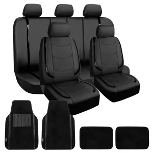 Galaxy13 Metallic Striped Deluxe Leatherette Seat Covers and Matching Floor Mats - Black Combo Set
