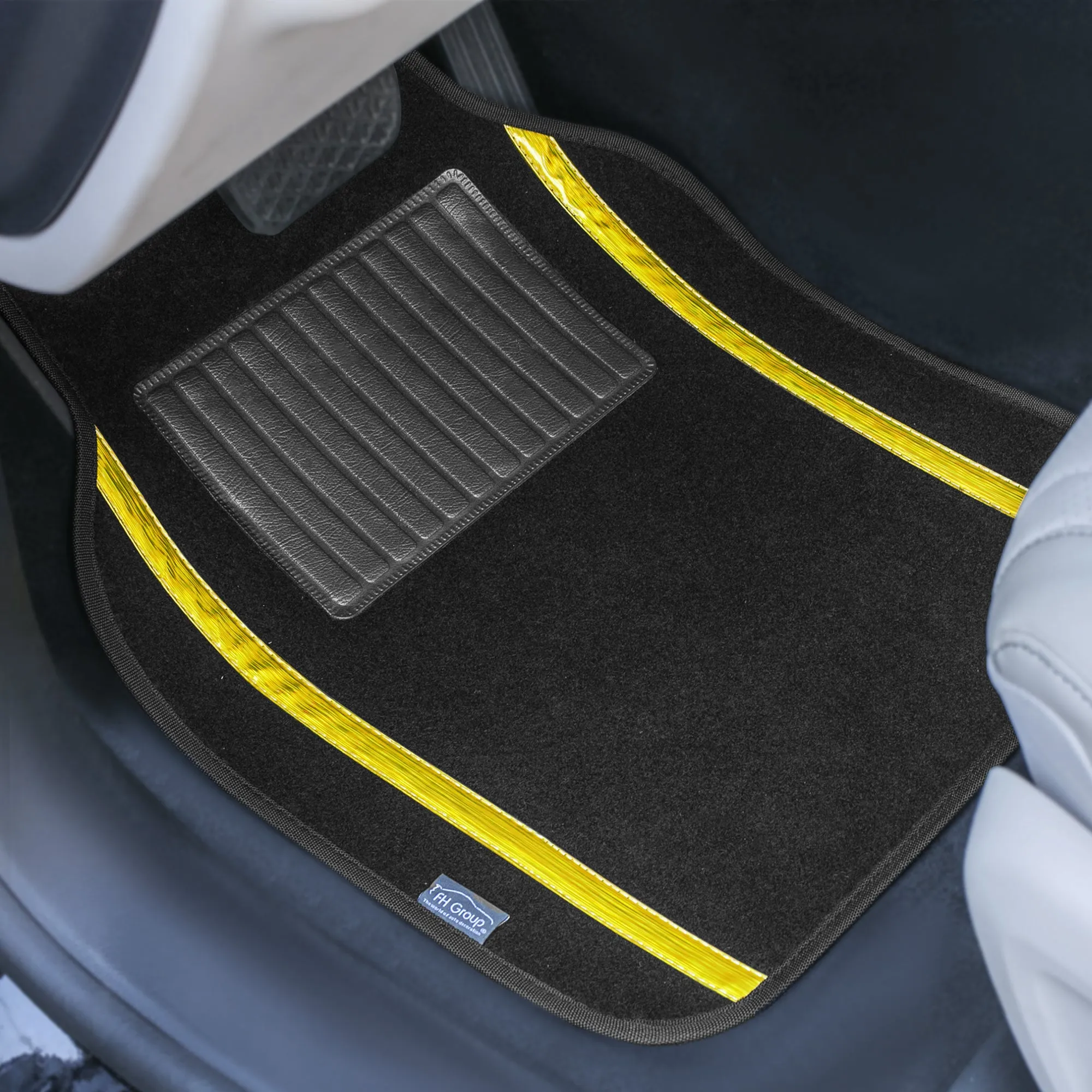 Galaxy13 Metallic Striped Deluxe Leatherette Seat Covers and Matching Floor Mats - Yellow Combo Set