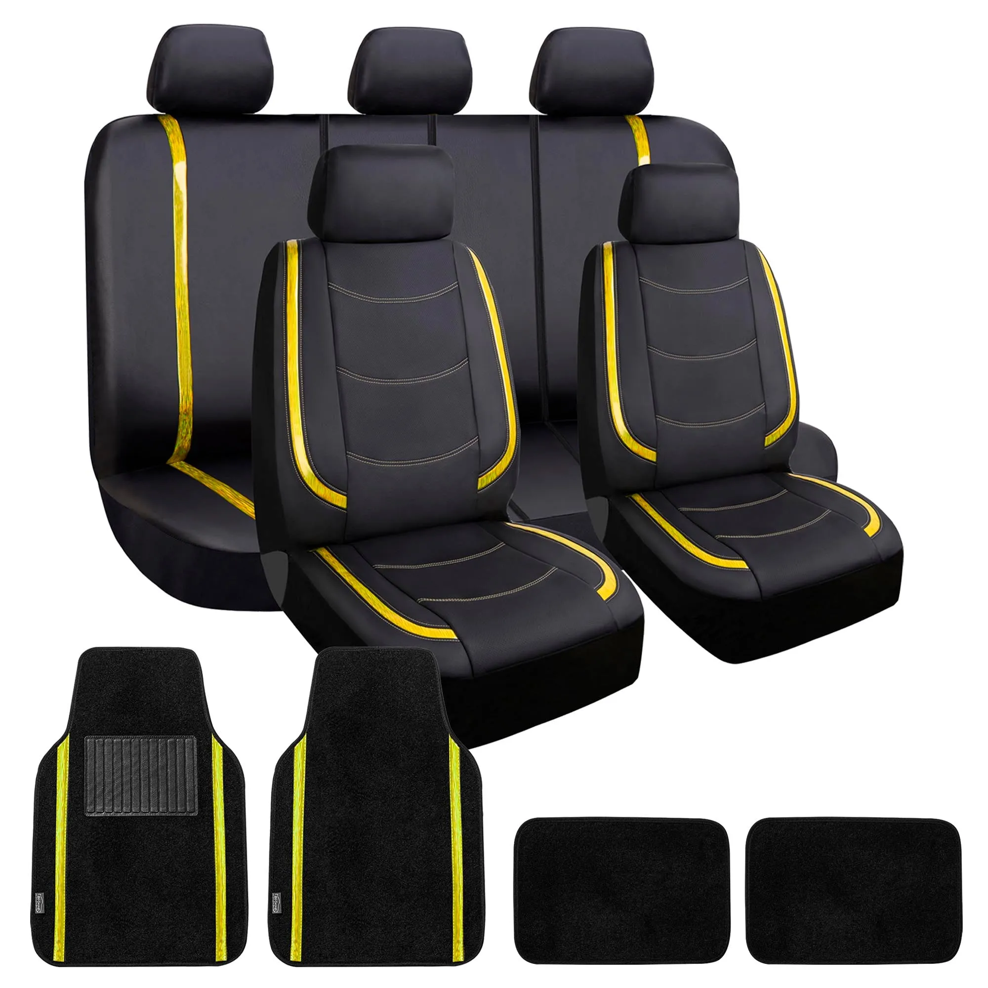 Galaxy13 Metallic Striped Deluxe Leatherette Seat Covers and Matching Floor Mats - Yellow Combo Set