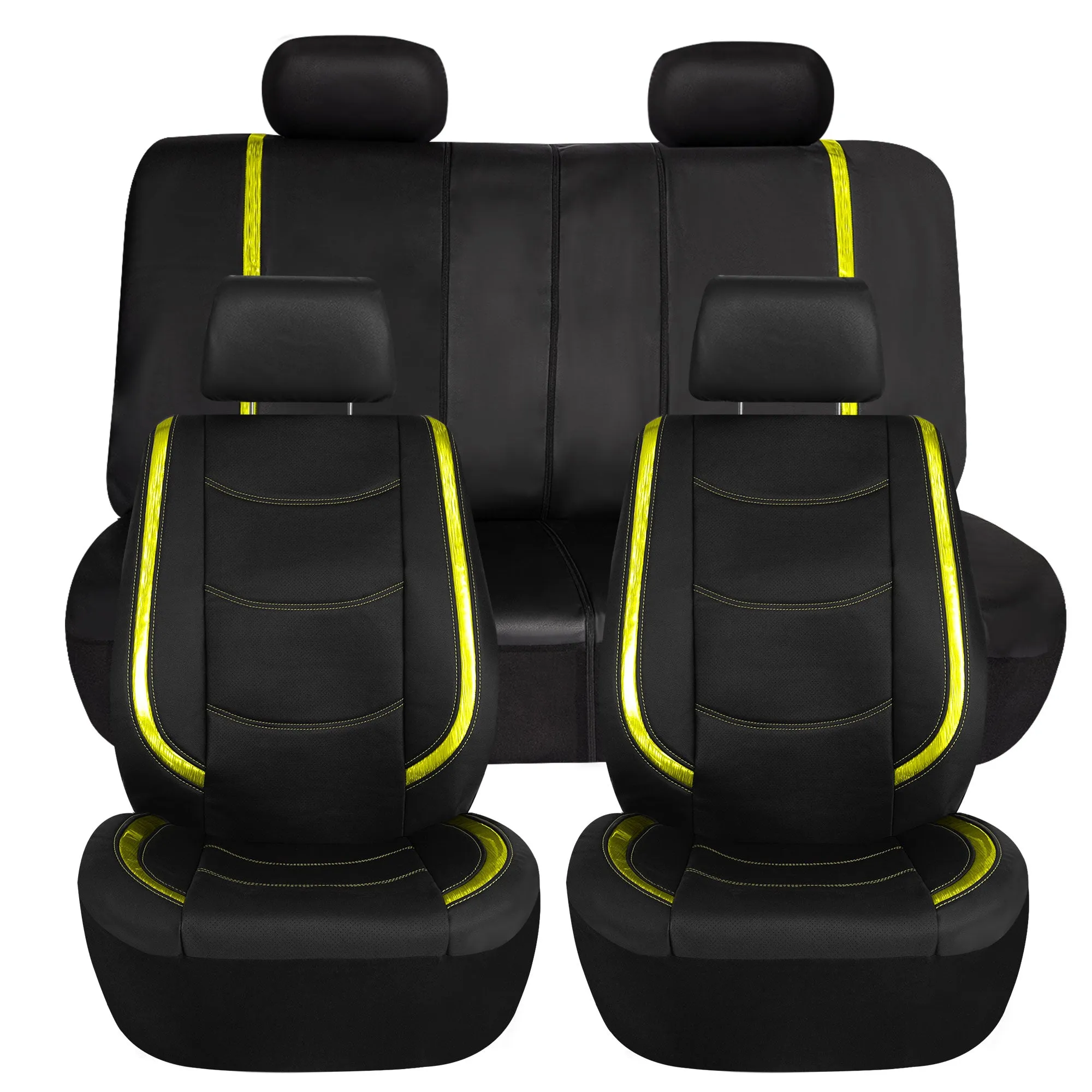 Galaxy13 Metallic Striped Deluxe Leatherette Seat Covers and Matching Floor Mats - Yellow Combo Set