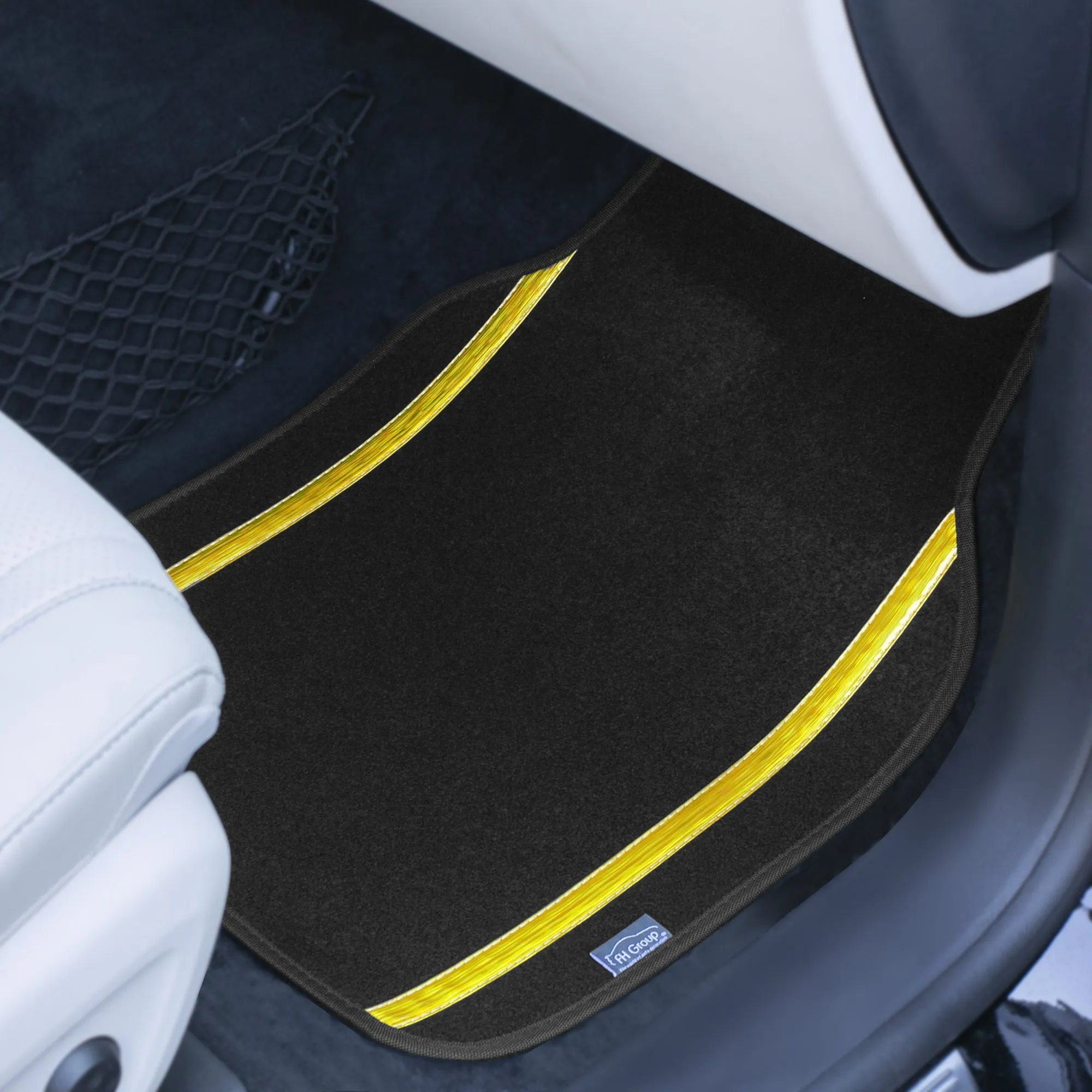 Galaxy13 Metallic Striped Deluxe Leatherette Seat Covers and Matching Floor Mats - Yellow Combo Set