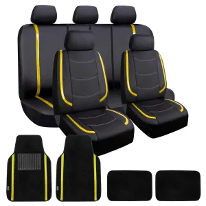 Galaxy13 Metallic Striped Deluxe Leatherette Seat Covers and Matching Floor Mats - Yellow Combo Set