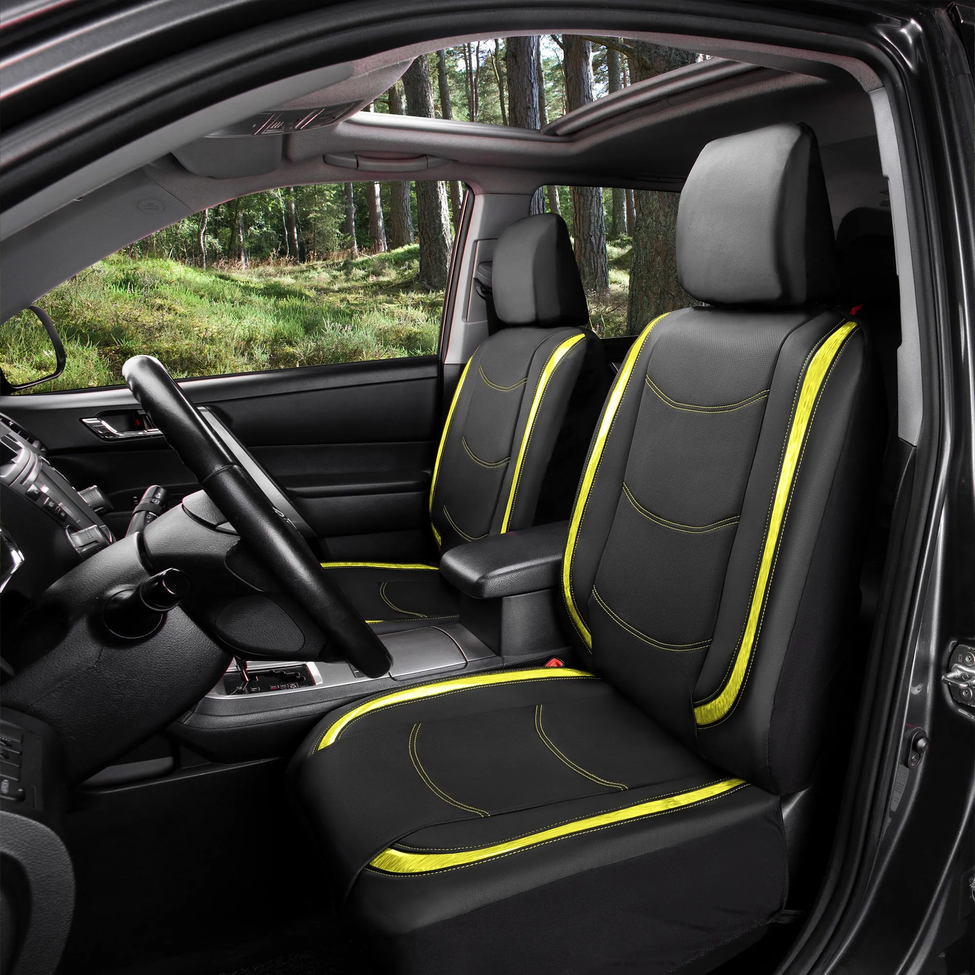 Galaxy13 Metallic Striped Deluxe Leatherette Seat Covers and Matching Floor Mats - Yellow Combo Set