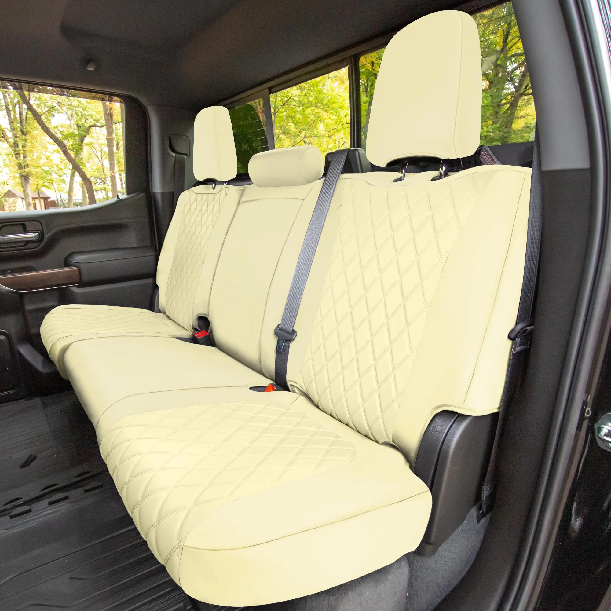 GMC Sierra 1500 2500HD 3500HD SLT | AT4 | DENALI 2019-2023 - Rear Set Seat Covers - Solid Beige Ultraflex Neoprene
