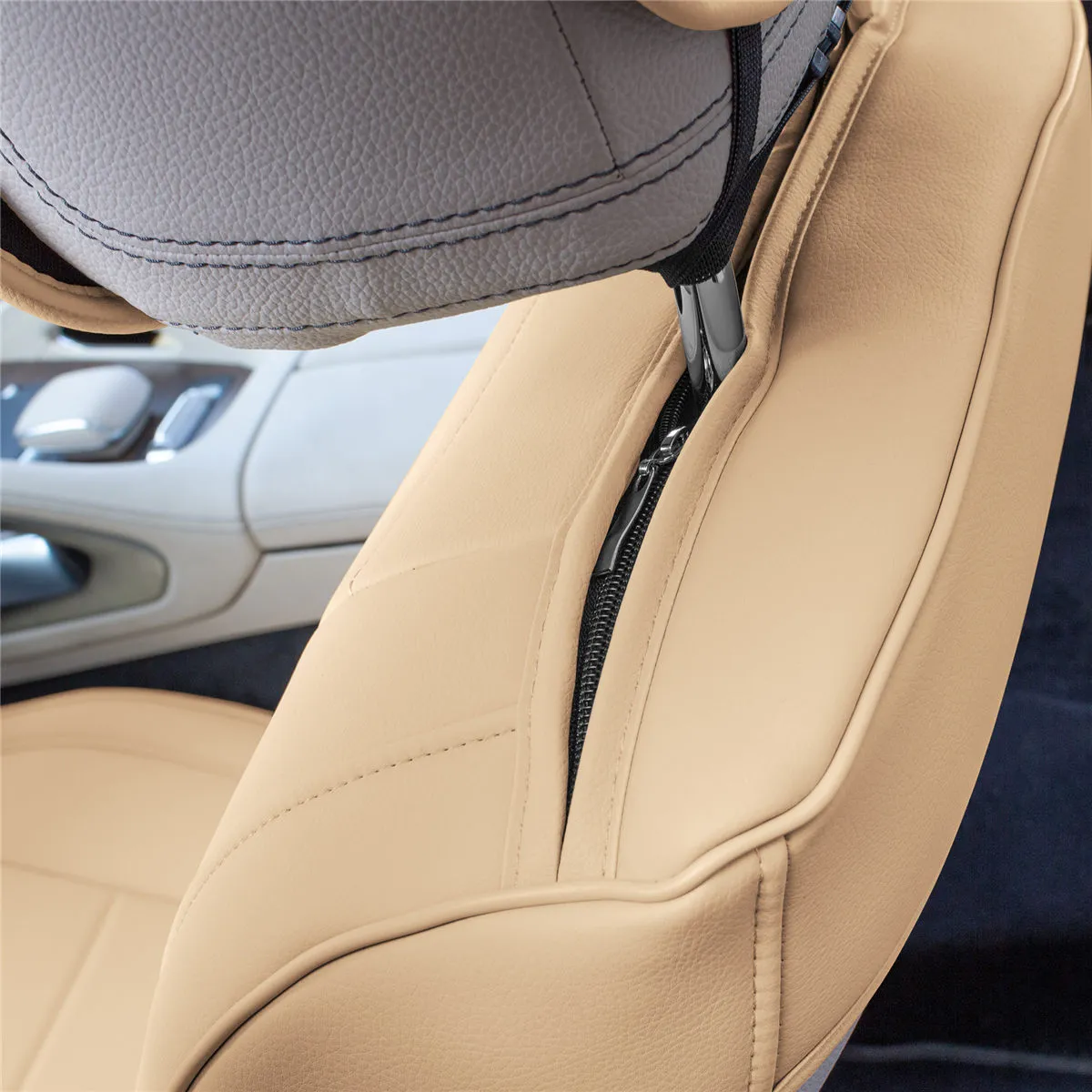 Grande70 Luxe Faux Leather Car Seat Covers with Sleek Pattern - Front Set Beige