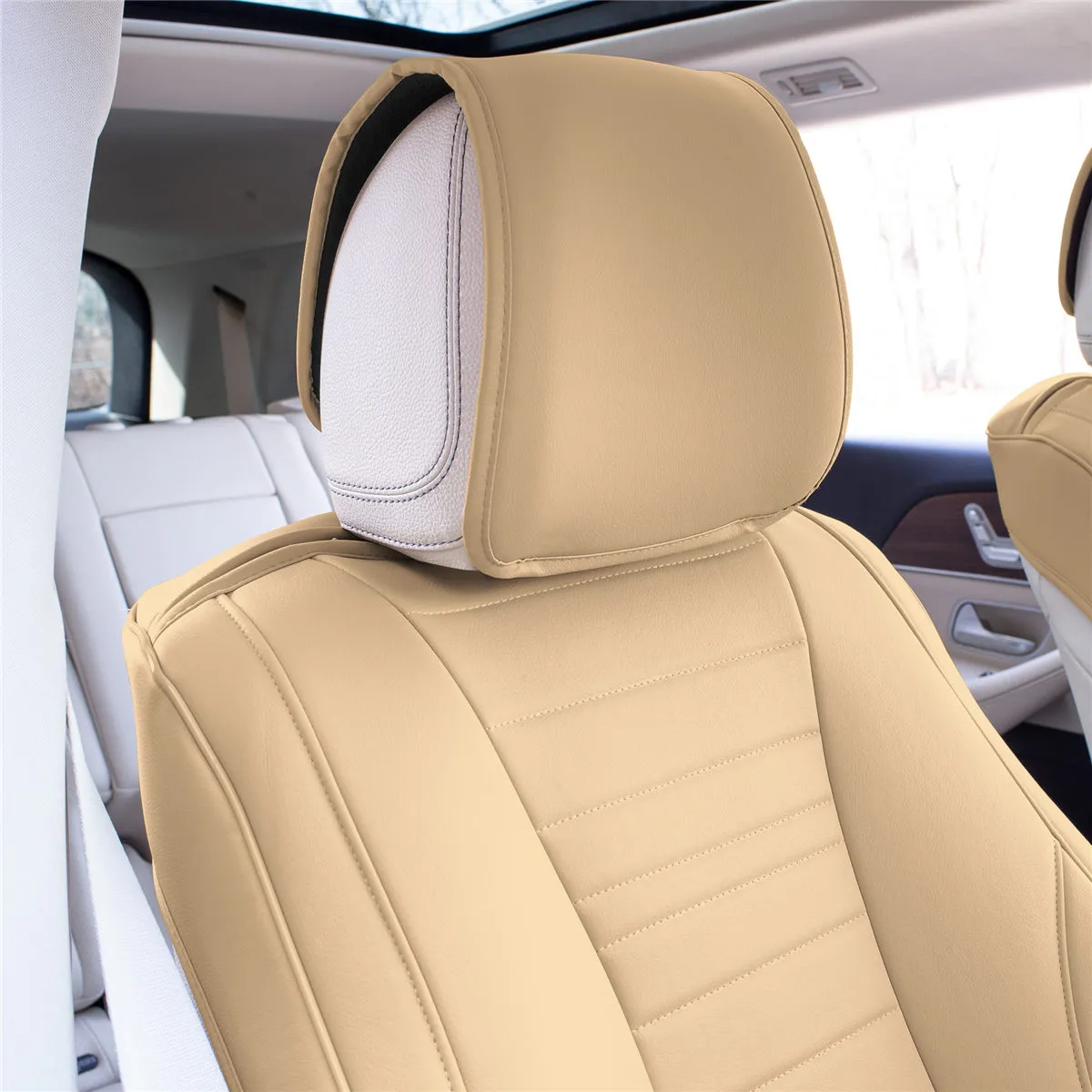 Grande70 Luxe Faux Leather Car Seat Covers with Sleek Pattern - Front Set Beige