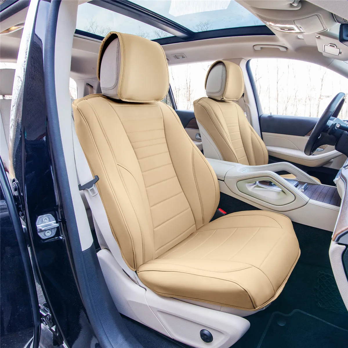 Grande70 Luxe Faux Leather Car Seat Covers with Sleek Pattern - Front Set Beige