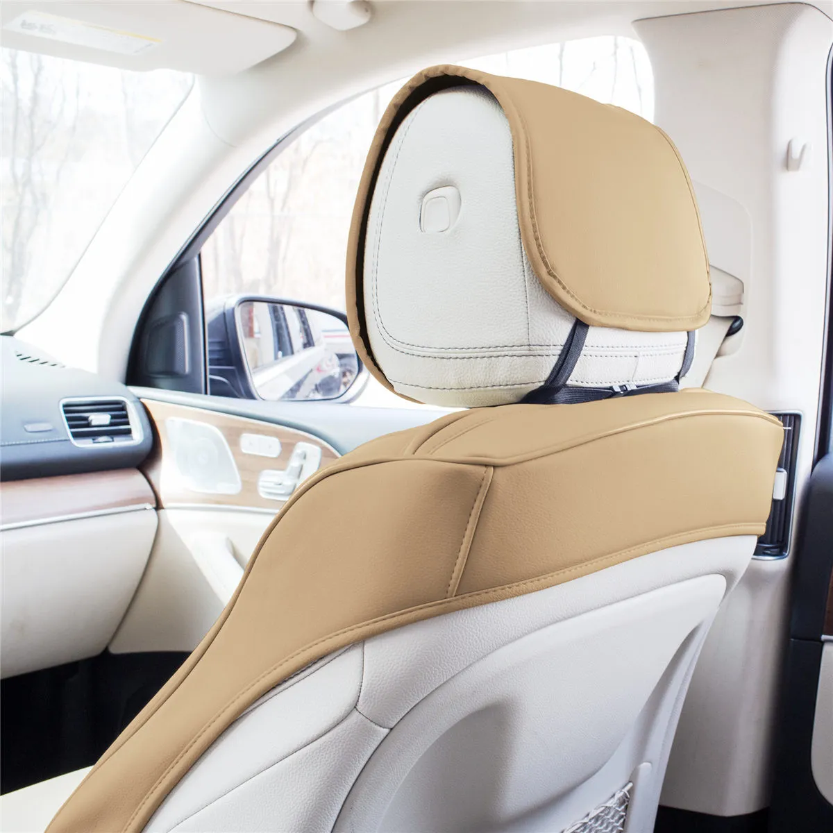 Grande70 Luxe Faux Leather Car Seat Covers with Sleek Pattern - Front Set Beige