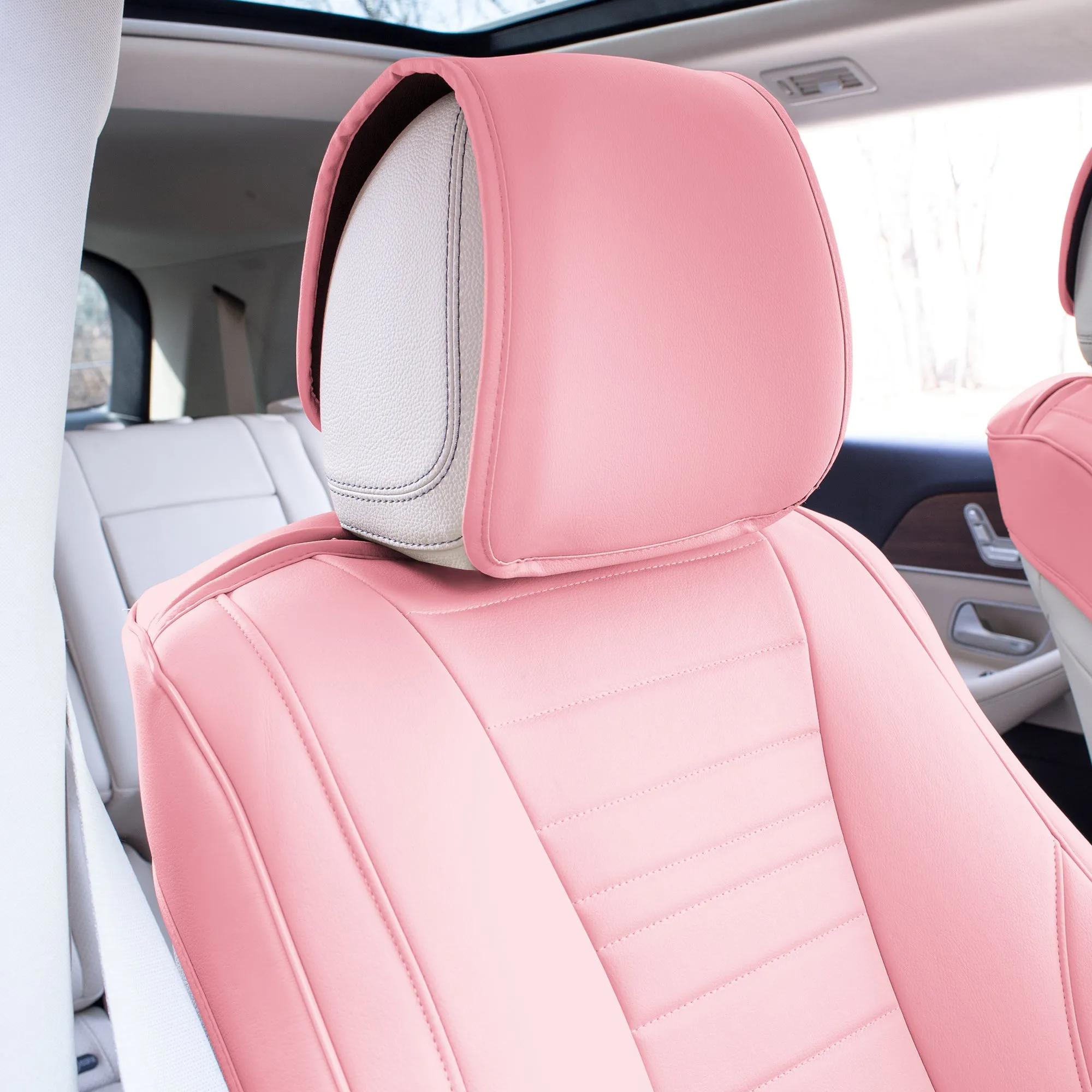 Grande70 Luxe Faux Leather Car Seat Covers with Sleek Pattern - Front Set Pink
