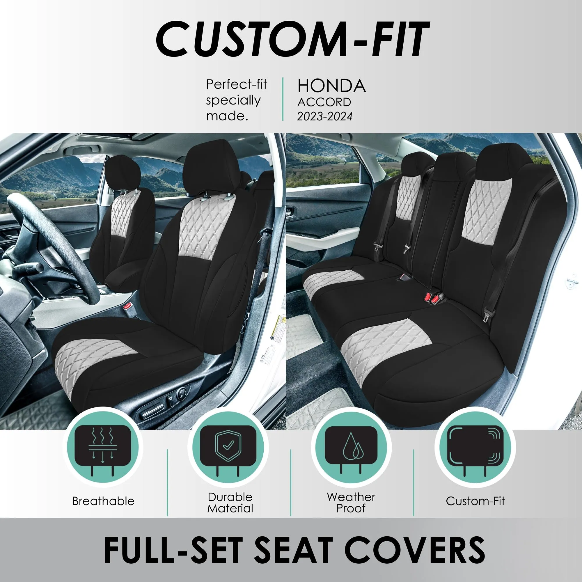 Honda Accord LX | Sport Hybrid 2023-2024 - Full Set Seat Covers (Solid Bench) - Gray Ultraflex Neoprene