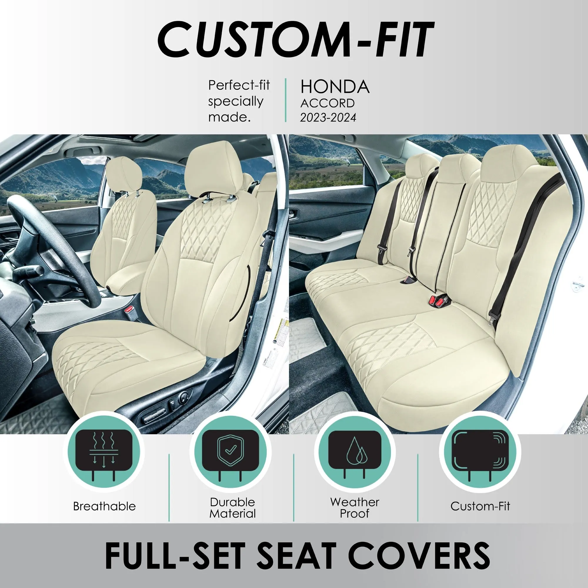 Honda Accord Sport | Sport SE | E X | EX-L | Touring 2023-2024 - Full Set Seat Covers (Split Bench) - Solid Beige Ultraflex Neoprene