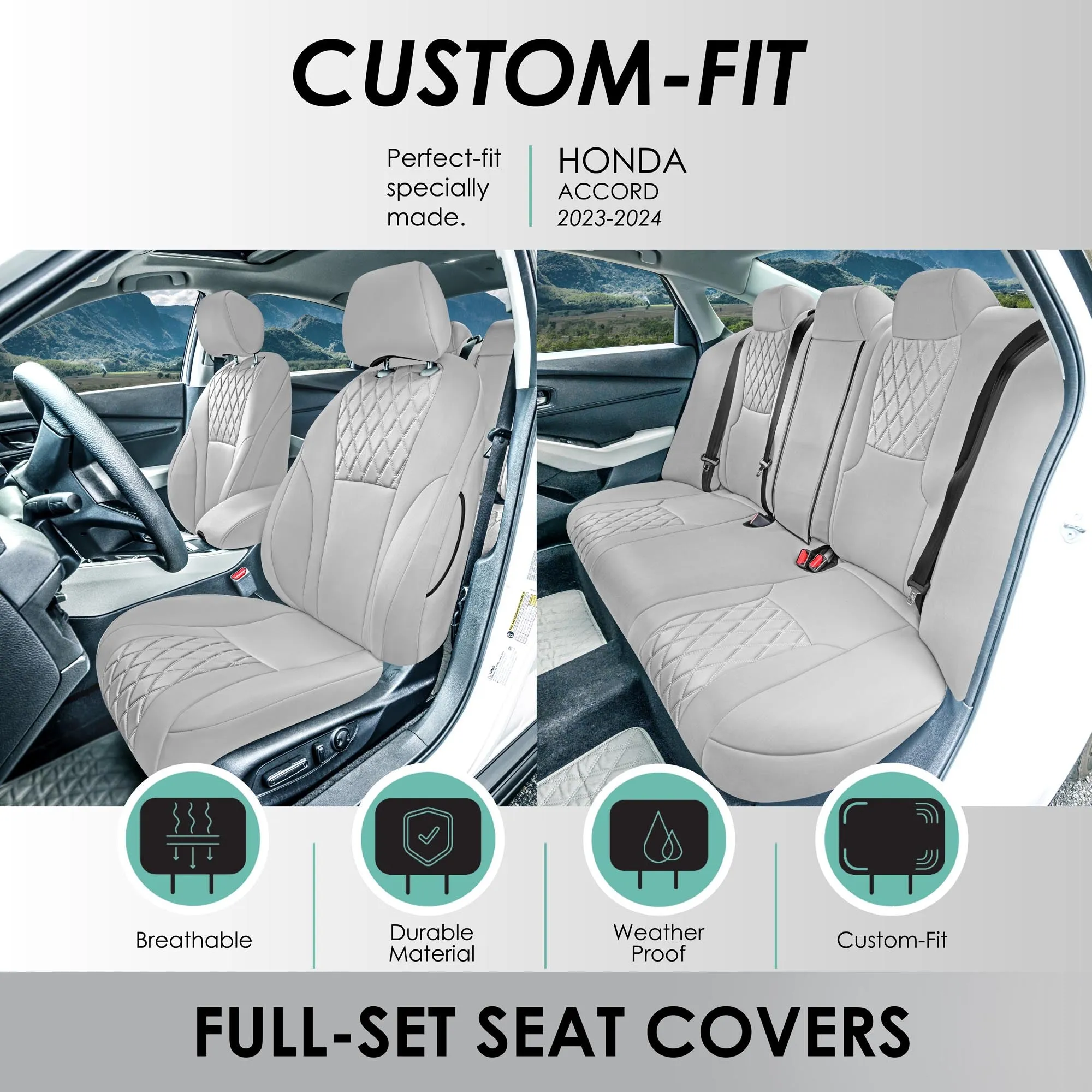Honda Accord Sport | Sport SE | E X | EX-L | Touring 2023-2024 - Full Set Seat Covers (Split Bench) - Solid Gray Ultraflex Neoprene