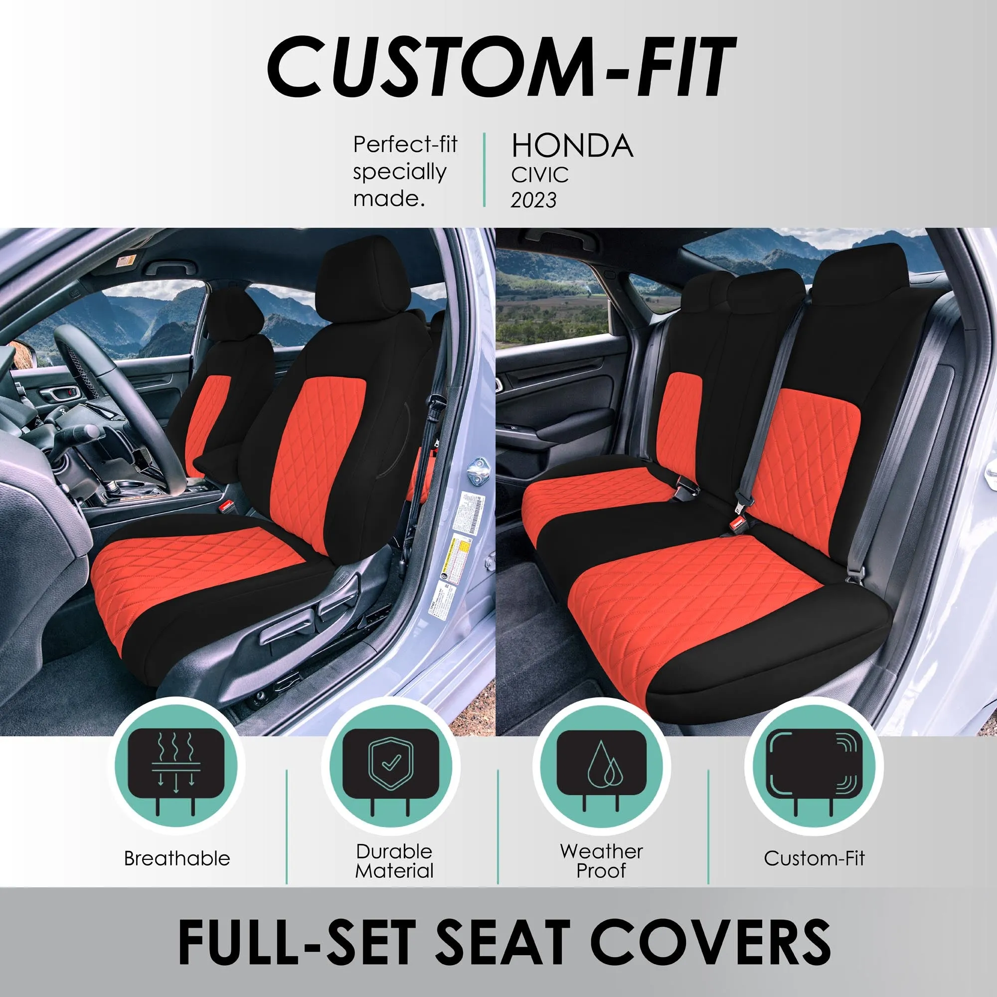 Honda Civic 2016 - 2025 Sedan Full Set Seat Covers (Solid Rear) - Red Ultraflex Neoprene