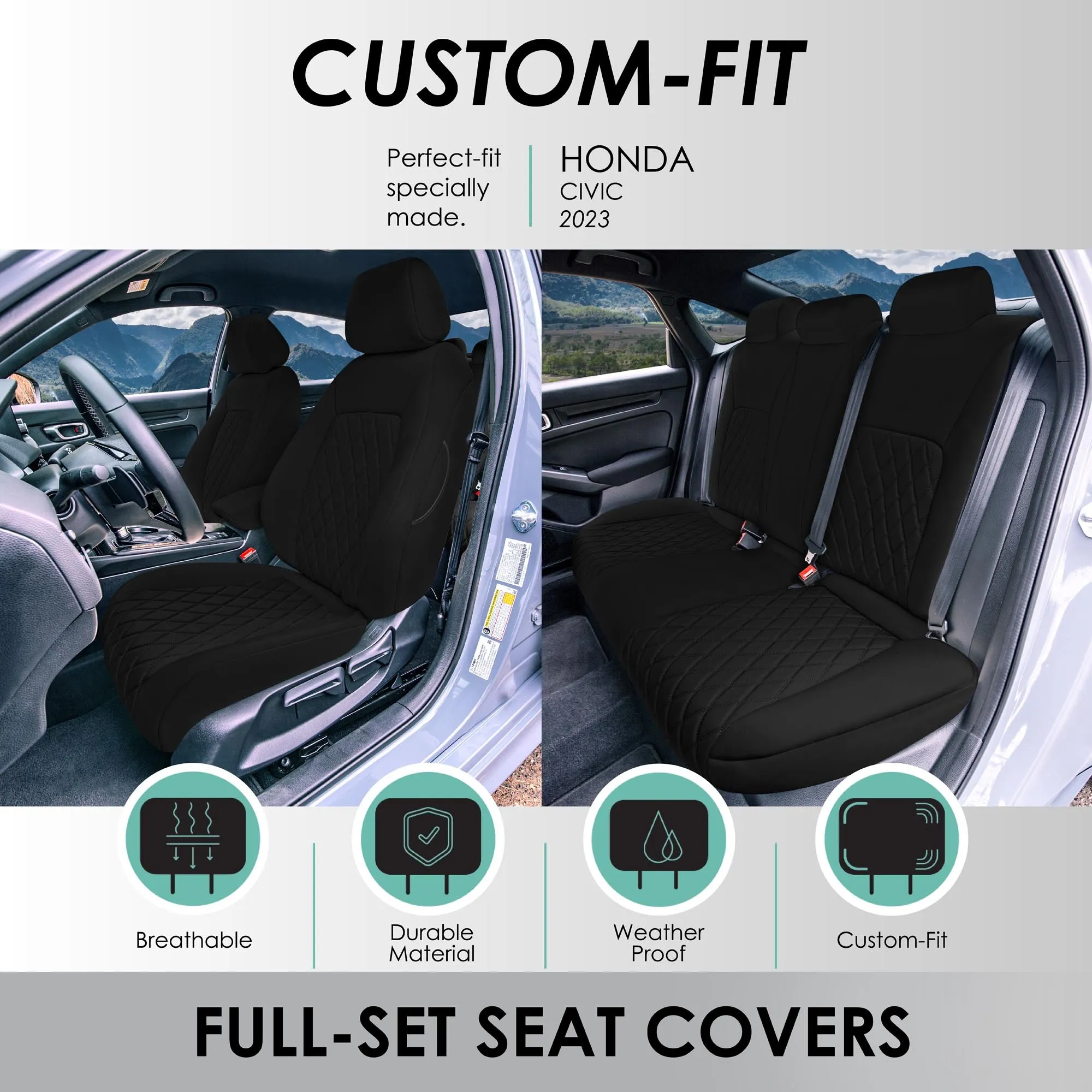 Honda Civic 2016 - 2025 Sedan Full Set Seat Covers (Split Rear) - Black Ultraflex Neoprene