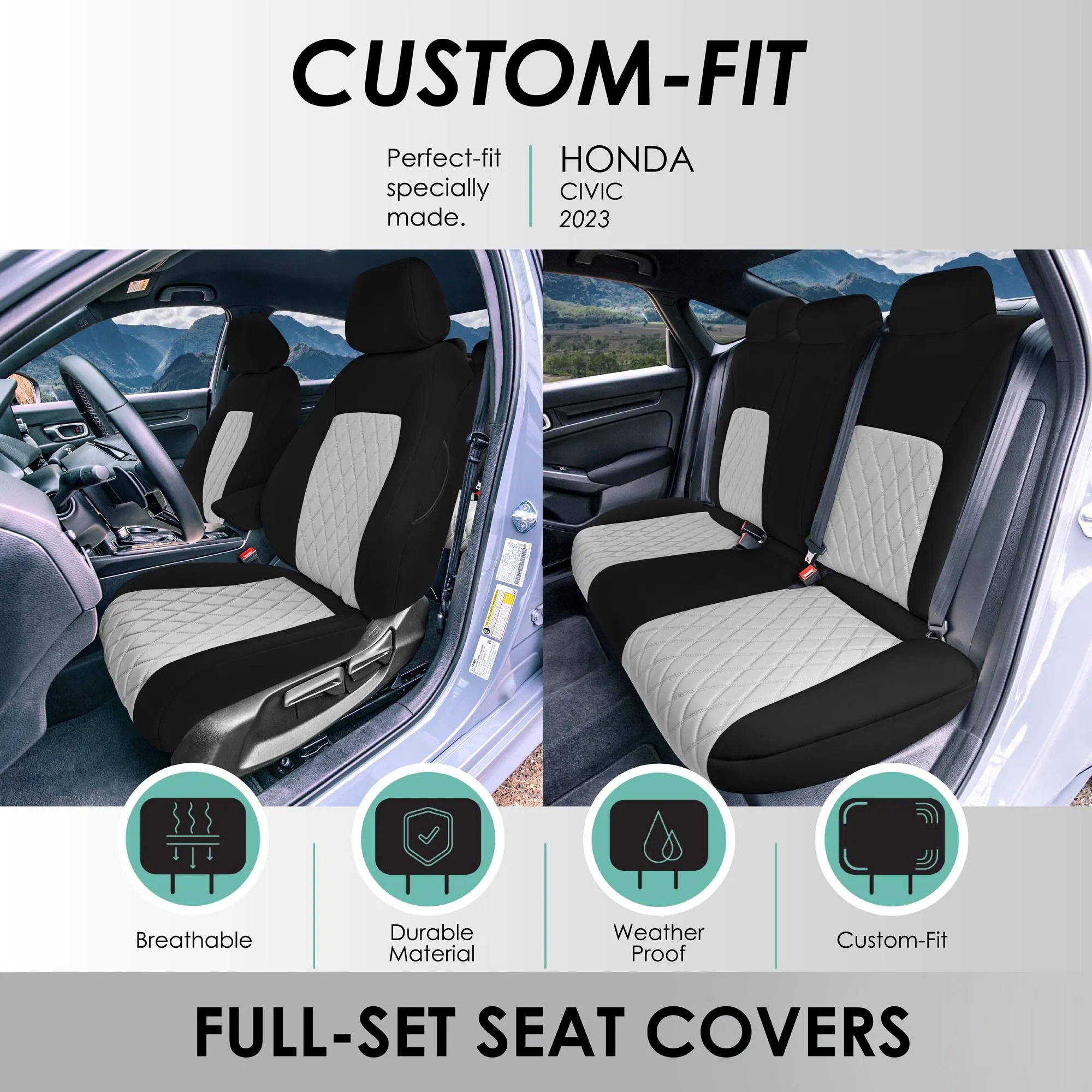 Honda Civic 2016 - 2025 Sedan Full Set Seat Covers (Split Rear) - Gray Ultraflex Neoprene