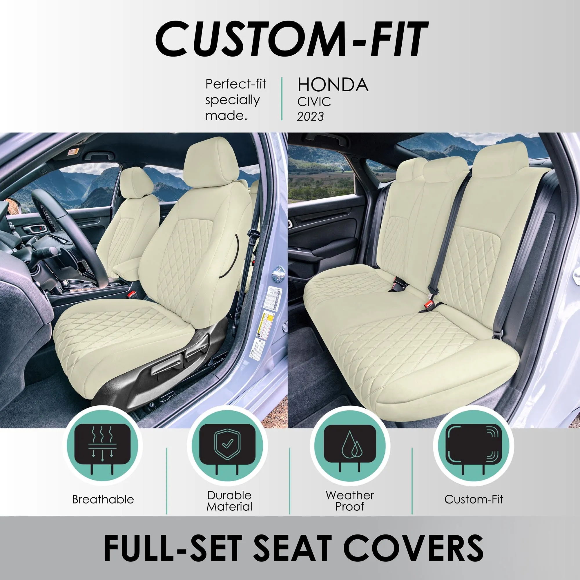 Honda Civic 2016 - 2025 Sedan Full Set Seat Covers (Split Rear) - Solid Beige Ultraflex Neoprene