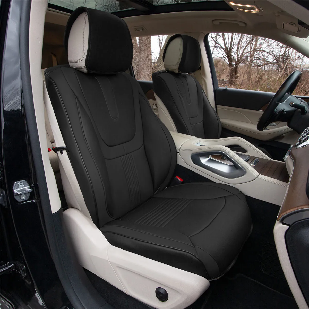 Hybrid70 Deluxe Faux Leather Car Seat Covers with Modern Pattern - Front Set Black