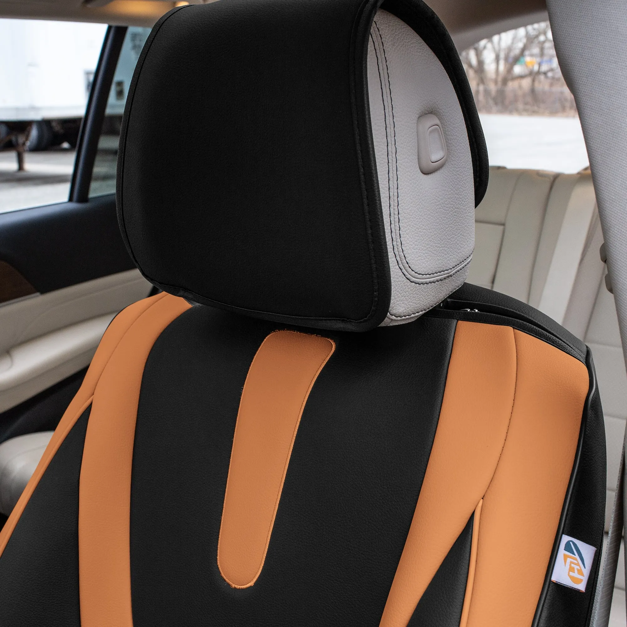 Hybrid70 Deluxe Faux Leather Car Seat Covers with Modern Pattern - Front Set Brown