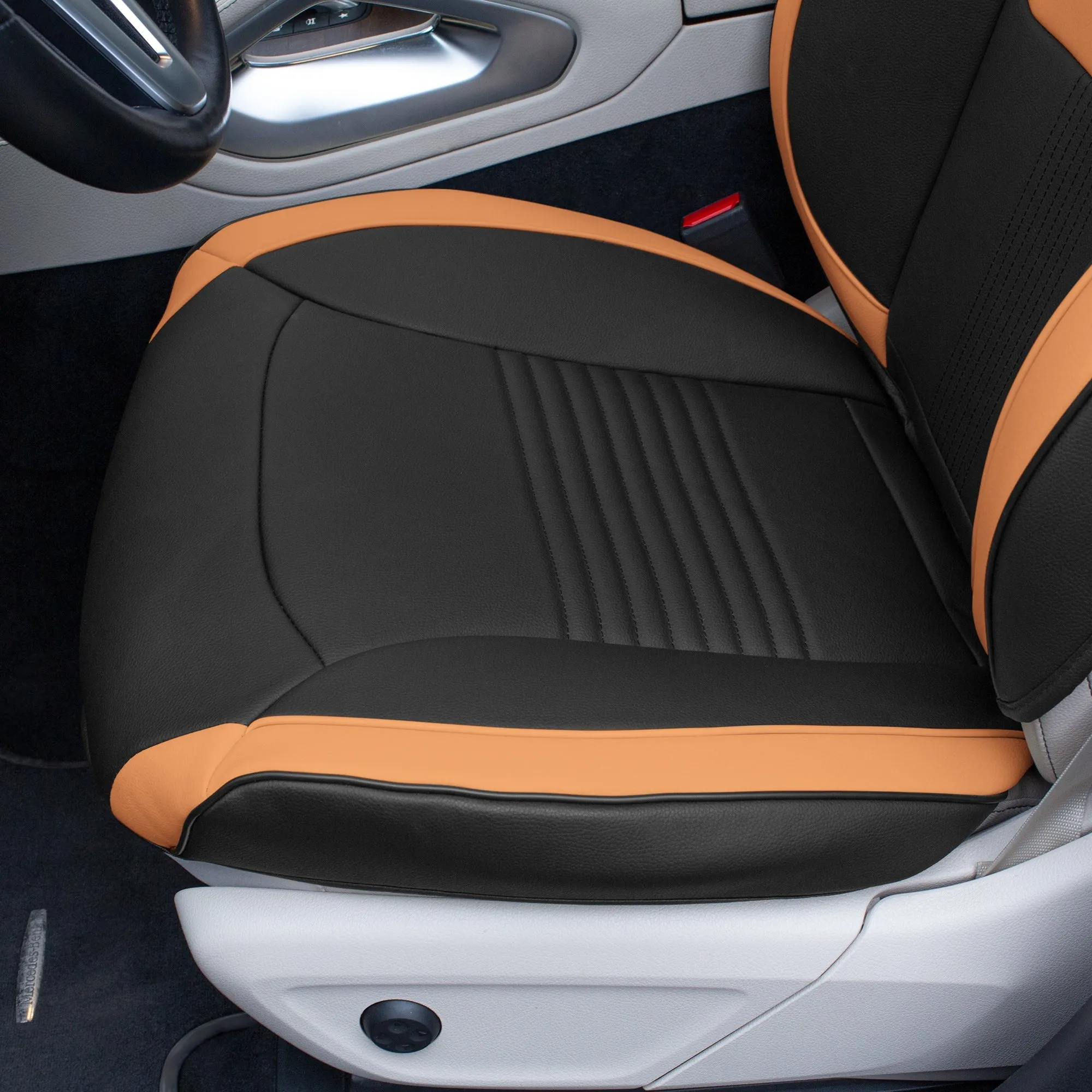 Hybrid70 Deluxe Faux Leather Car Seat Covers with Modern Pattern - Front Set Brown
