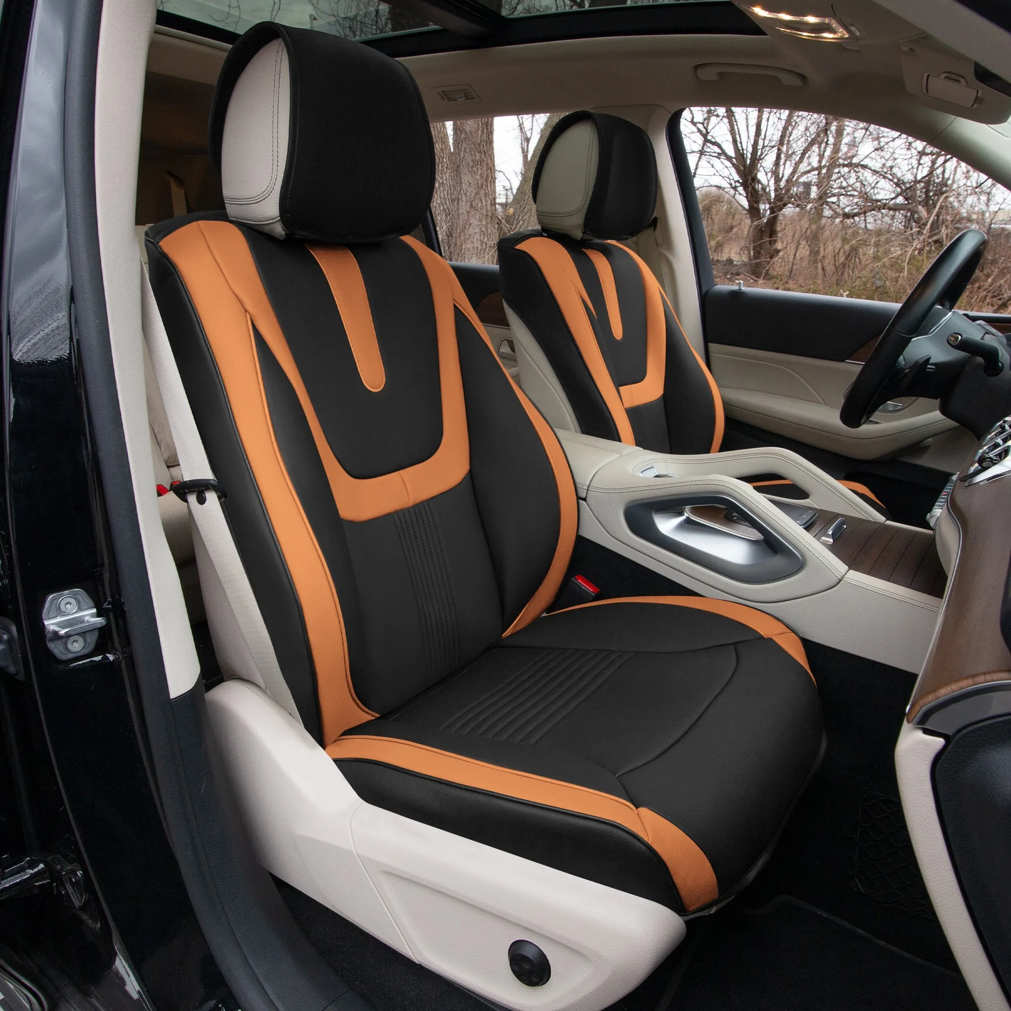 Hybrid70 Deluxe Faux Leather Car Seat Covers with Modern Pattern - Front Set Brown