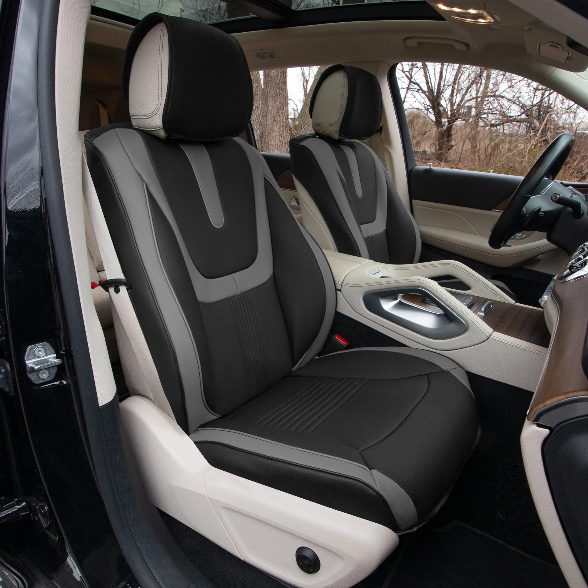 Hybrid70 Deluxe Faux Leather Car Seat Covers with Modern Pattern - Front Set Gray