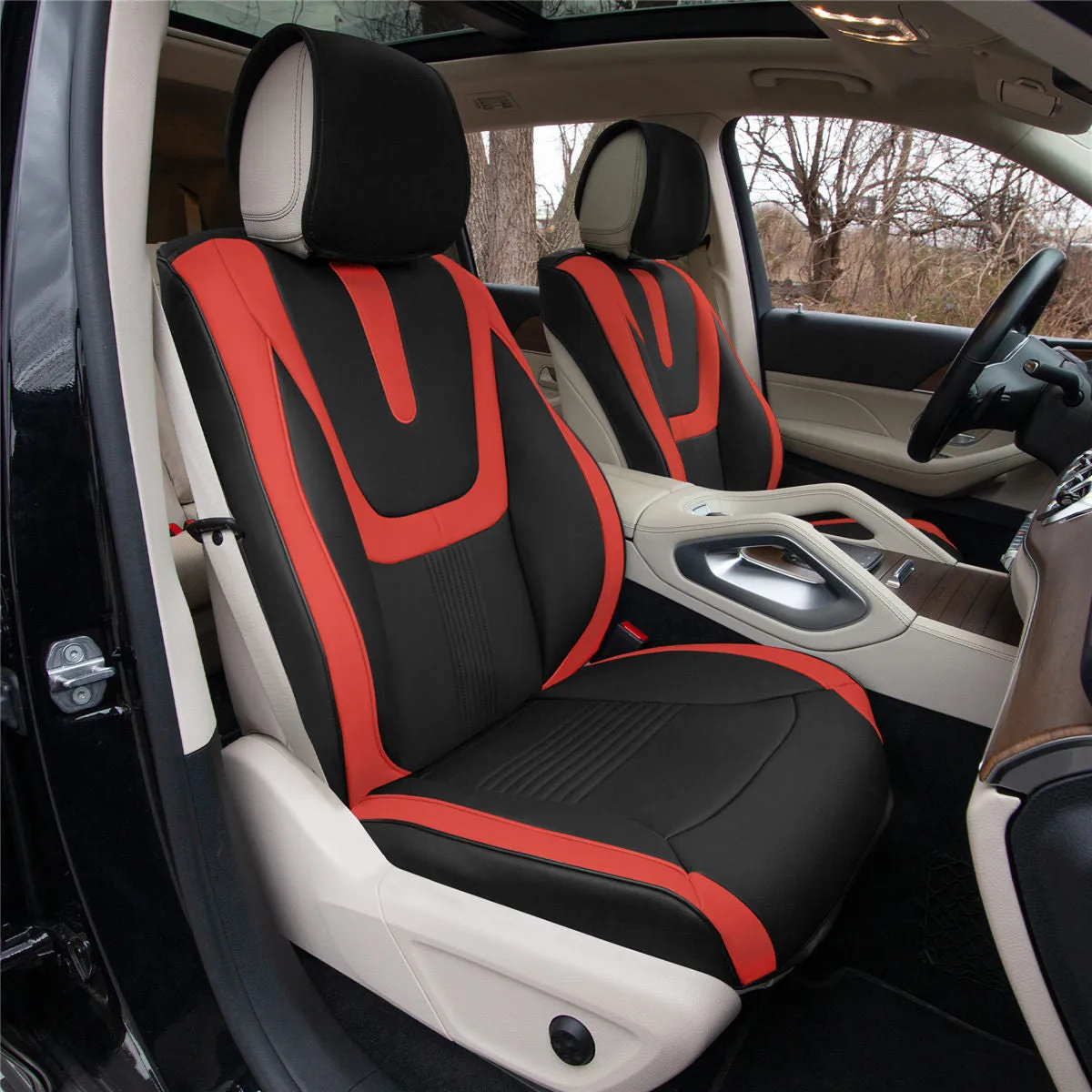 Hybrid70 Deluxe Faux Leather Car Seat Covers with Modern Pattern - Front Set Red
