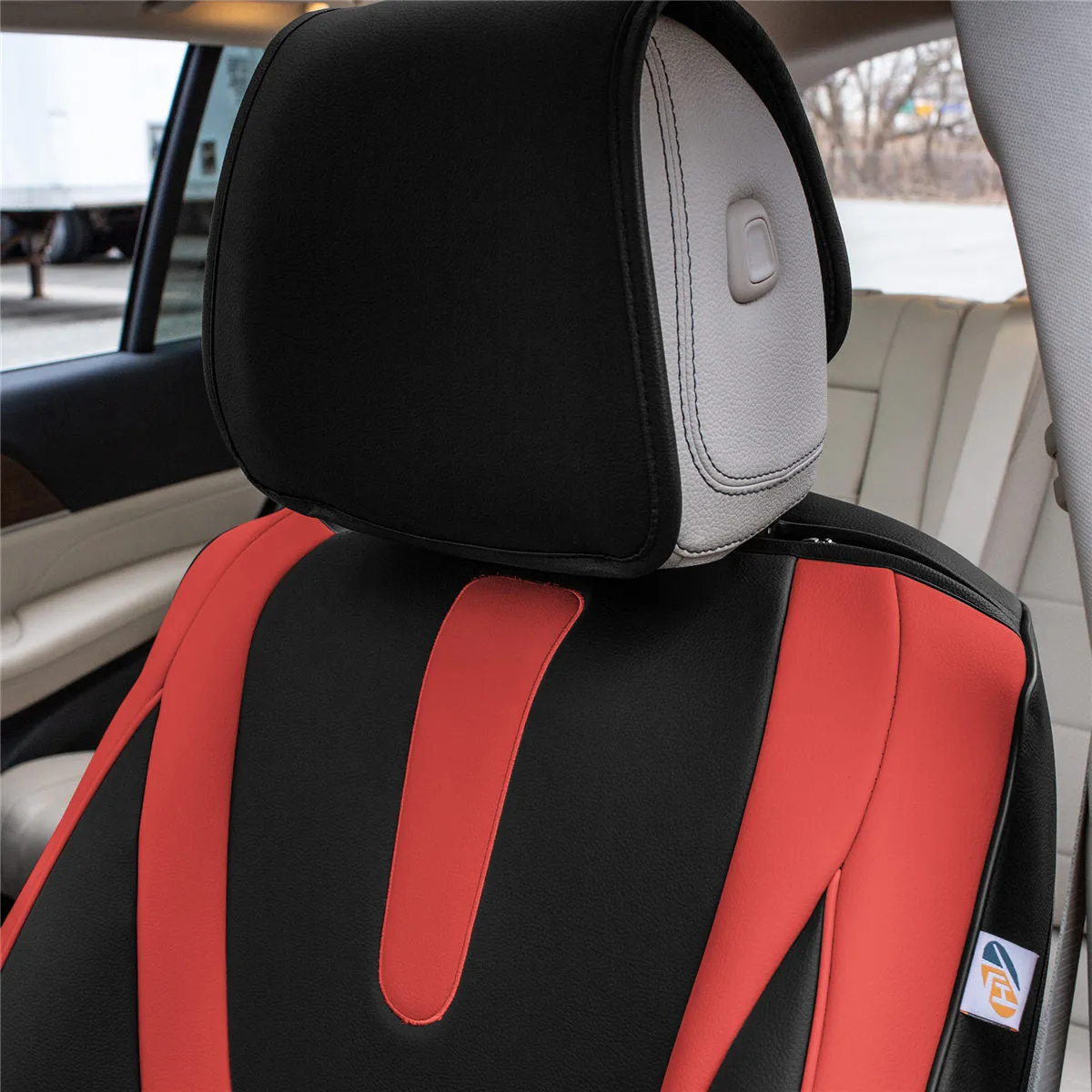 Hybrid70 Deluxe Faux Leather Car Seat Covers with Modern Pattern - Front Set Red